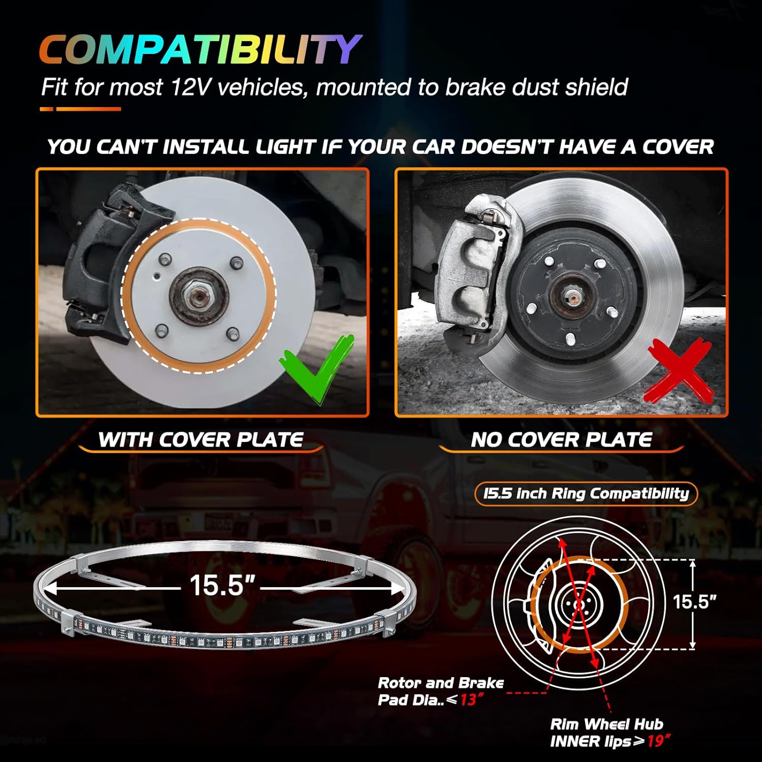 15.5 Inch LED Wheel Ring Lights - Single Row RGB Color Changing with APP Remote Control (4Pcs) - Perfect for Car, Truck, Motorcycle & ATV Customization