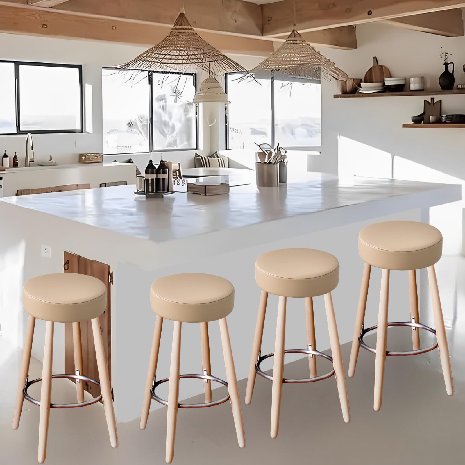 Waterproof PU Bar Stool Covers Set of 2 - Elastic Slipcovers for 12-15 Inch Stools, Washable Khaki-Nude Seat Cushions | Perfect for Kitchen Counter, Breakfast Nook & Home Bar Decor