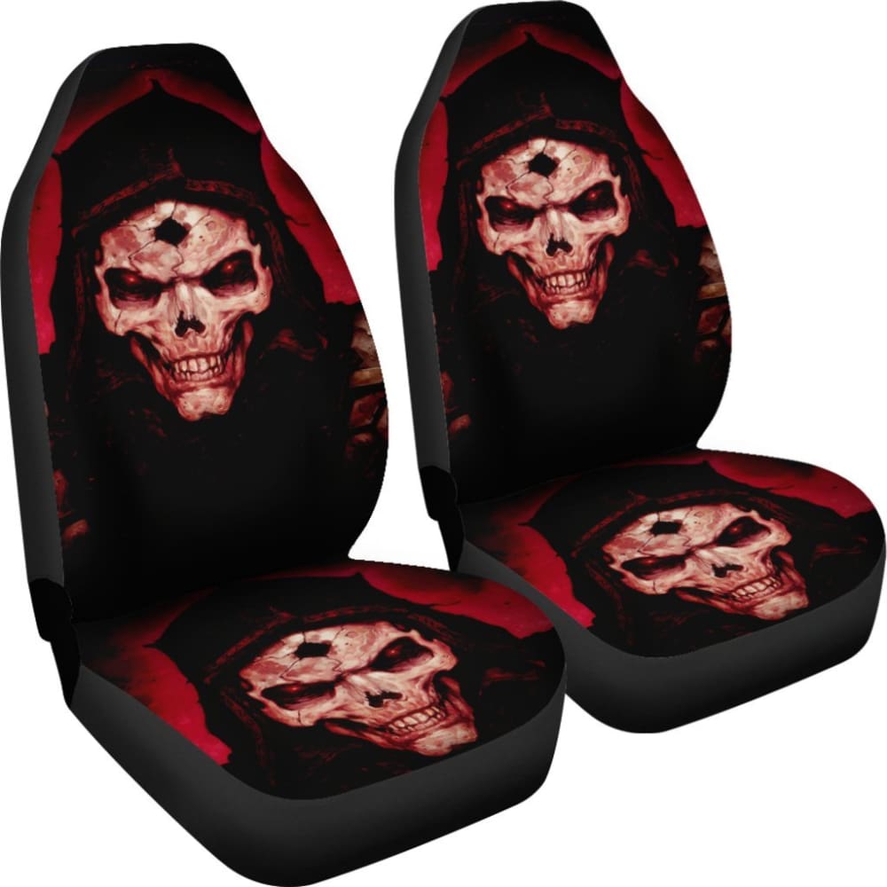 2 Pcs Gothic Skull Car Seat Covers - Universal Fit for Cars, Trucks & SUVs - Black PU Leather with Skull Design - Perfect for Halloween, Gothic Style & Car Enthusiasts
