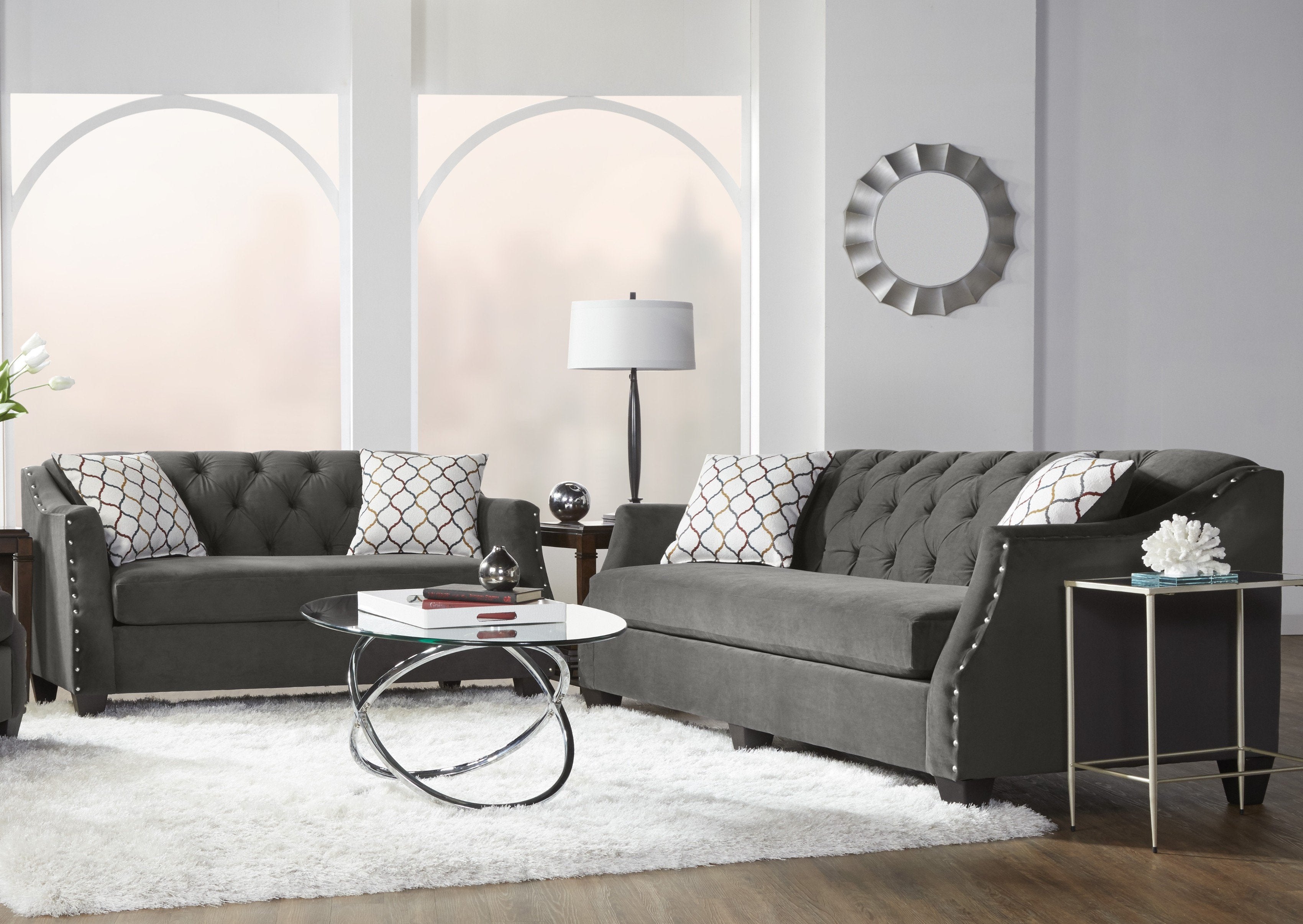 Modern Velvet Tufted Loveseat with Nailhead Trim - Gray Transitional Sofa for Living Room | Moselle Collection | Perfect for Small Spaces & Cozy Home Decor