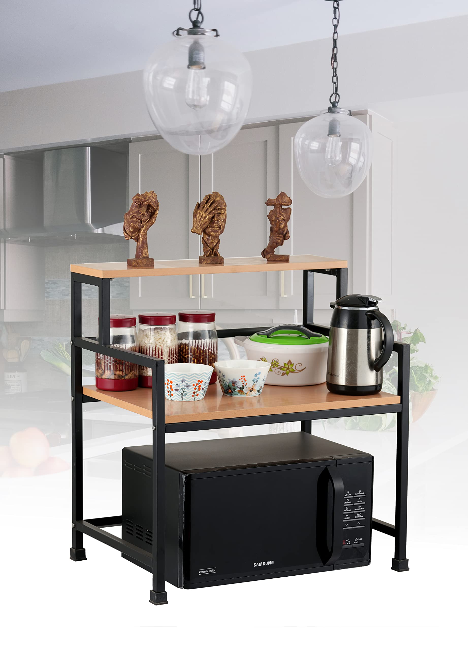 3-Tier Microwave Oven Stand with Storage Shelf - Premium MDF & Steel Kitchen Organizer Rack (60x43cm, Bavarian Beech/Black) - Perfect for Small Kitchens, Apartments & Dorm Rooms - Made in India