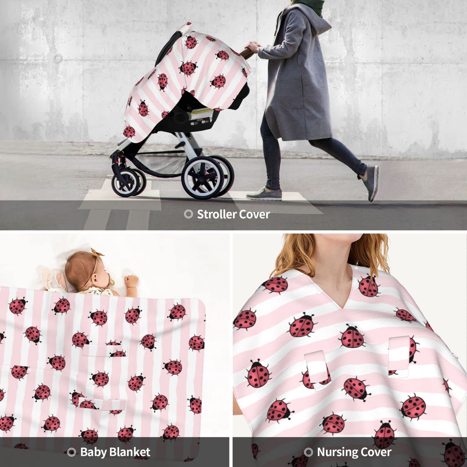 KiuLoam Ladybug Stripe Baby Car Seat Canopy - Nursing Cover & Breastfeeding Scarf for Moms, Infant Car Seat Cover & Multi-Use Stroller Cover for Boys & Girls - Perfect for Travel, Shopping & Outdoor Activities