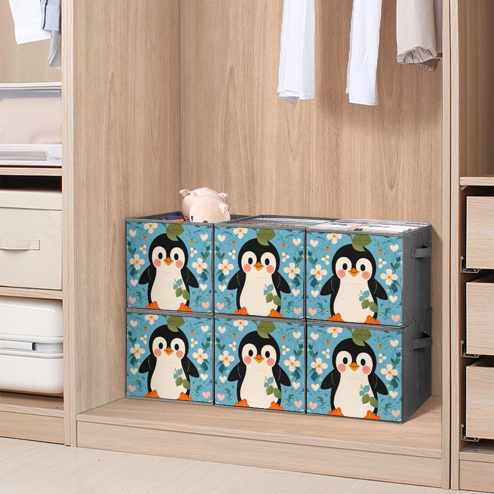 6PCS Collapsible Storage Bins with Handles - Cute Penguin Print Organizing Baskets for Shelves, Closet, Bathroom & Kids Room | Multi-Functional Foldable Storage Containers for Home Organization