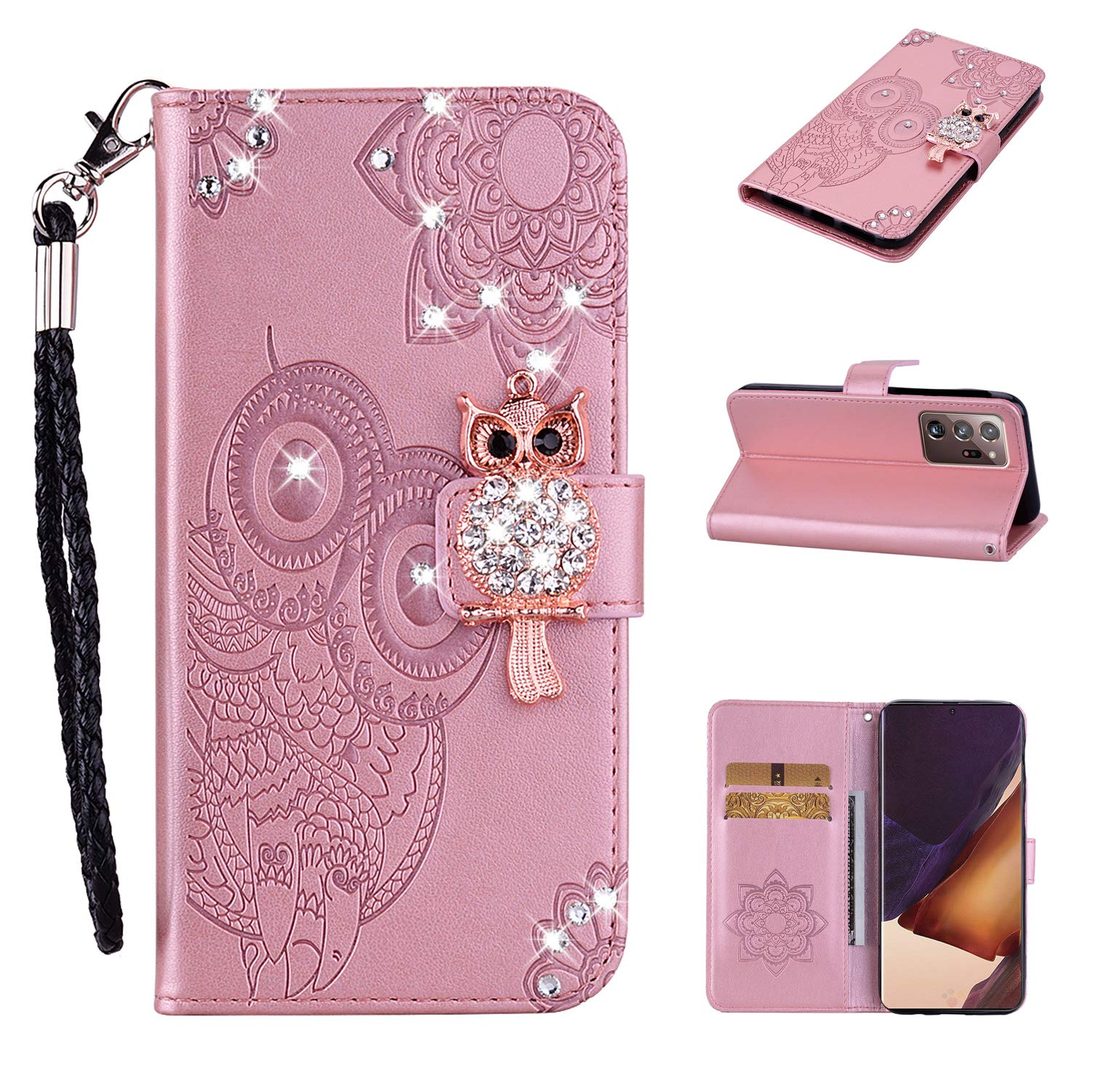 Samsung Galaxy Note 20 Ultra Case for Women - Glitter Bling Diamond PU Leather Wallet Phone Cover with Wrist Strap, Flip Stand & Card Slots (Rose Gold Owl Design) - Perfect for Daily Use, Travel & Gift Giving