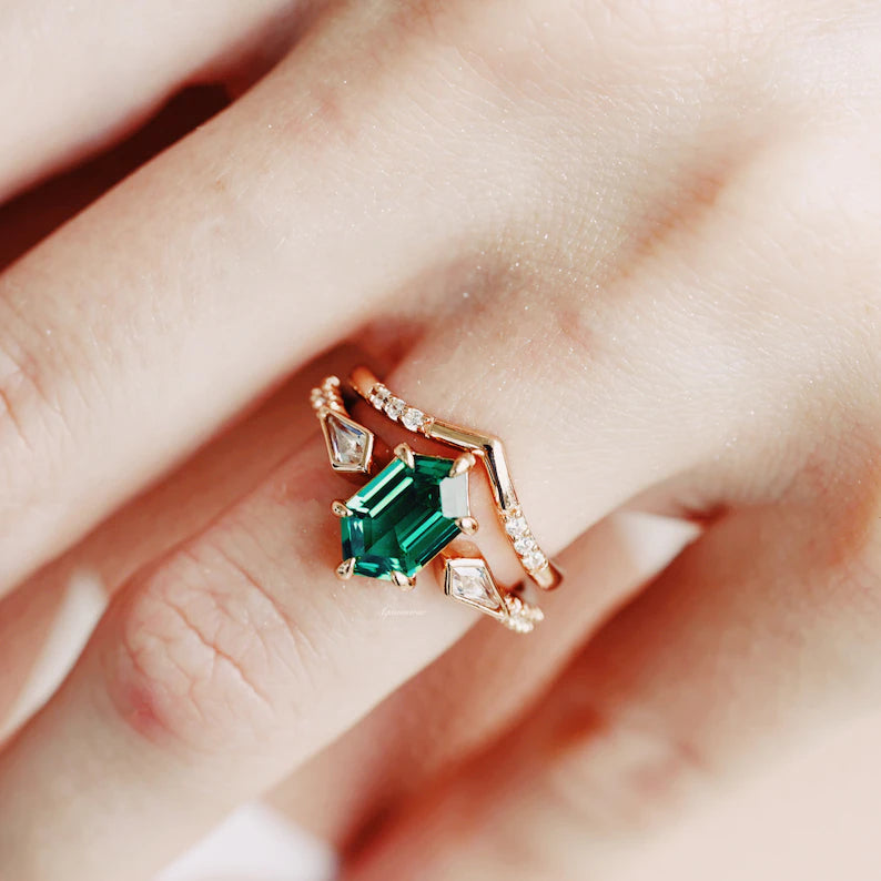 Hexagon Emerald Ring Set - 14K Rose Gold Vermeil Stackable Rings for Women, Elegant Jewelry Gift for Her, Perfect for Weddings, Anniversaries & Special Occasions