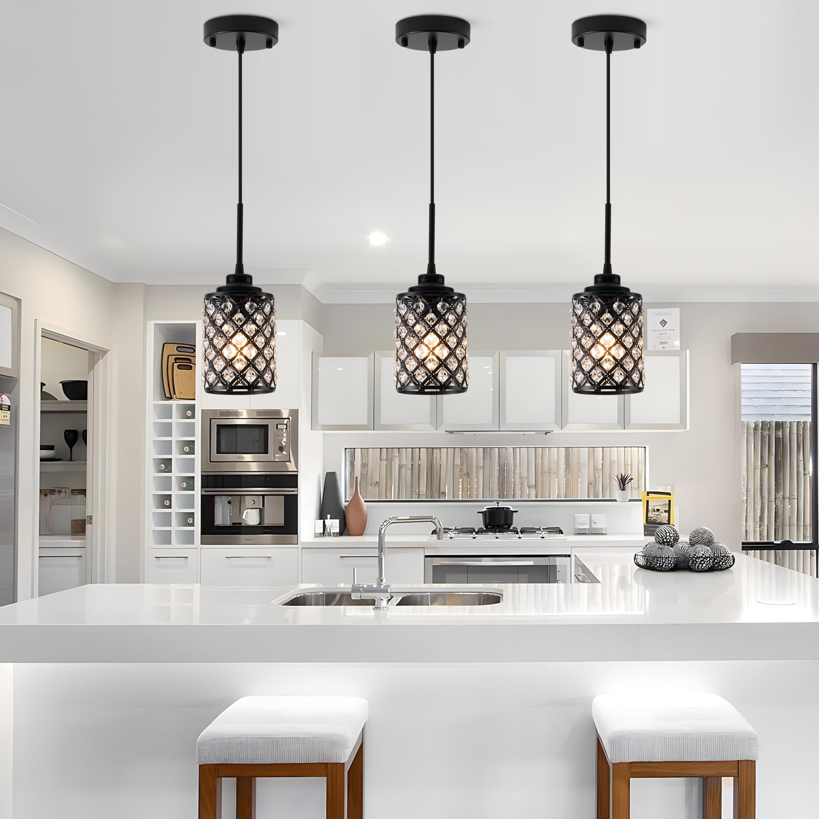 3-Pack Modern Black Matte Pendant Lights - Industrial Hanging Fixtures with K9 Crystal for Kitchen Island, Dining Room, Bedroom & Hallway | Dimmable Mini Chandelier Lighting for Home & Office Decor