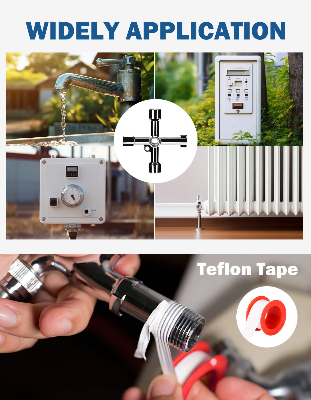 JOYTUTUS 17 Inch Water Meter Key with 4-Way Multi-Tool & Teflon Tape - Heavy Duty T-Handle Valve Key for Plumbing, Irrigation, and Utility Maintenance