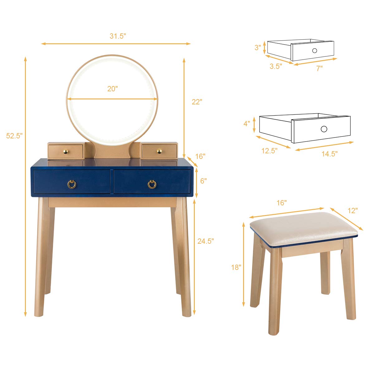 Charmaid Navy Blue Vanity Desk with LED Lights & 3-Color Mirror - Modern Makeup Dressing Table with 4 Drawers & Cushioned Stool - Perfect for Small Spaces, Bedrooms & Beauty Routines