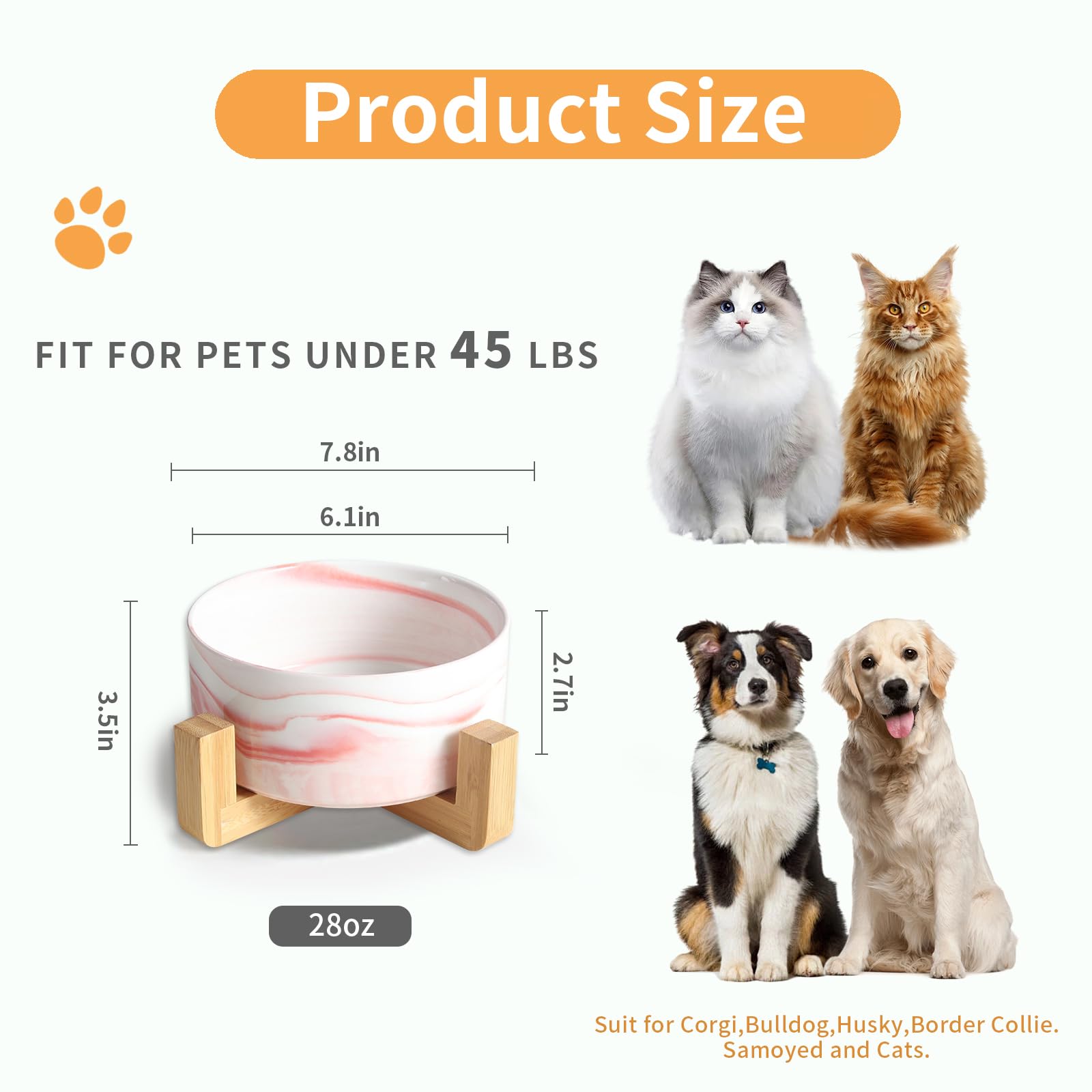 Ceramic Elevated Dog & Cat Bowl Set with Wood Stand - 28oz Durable Pet Food & Water Dish - Modern Weighted Design in Marble Pink for Small to Medium Pets - Perfect for Dining, Kitchen, or Living Room Use