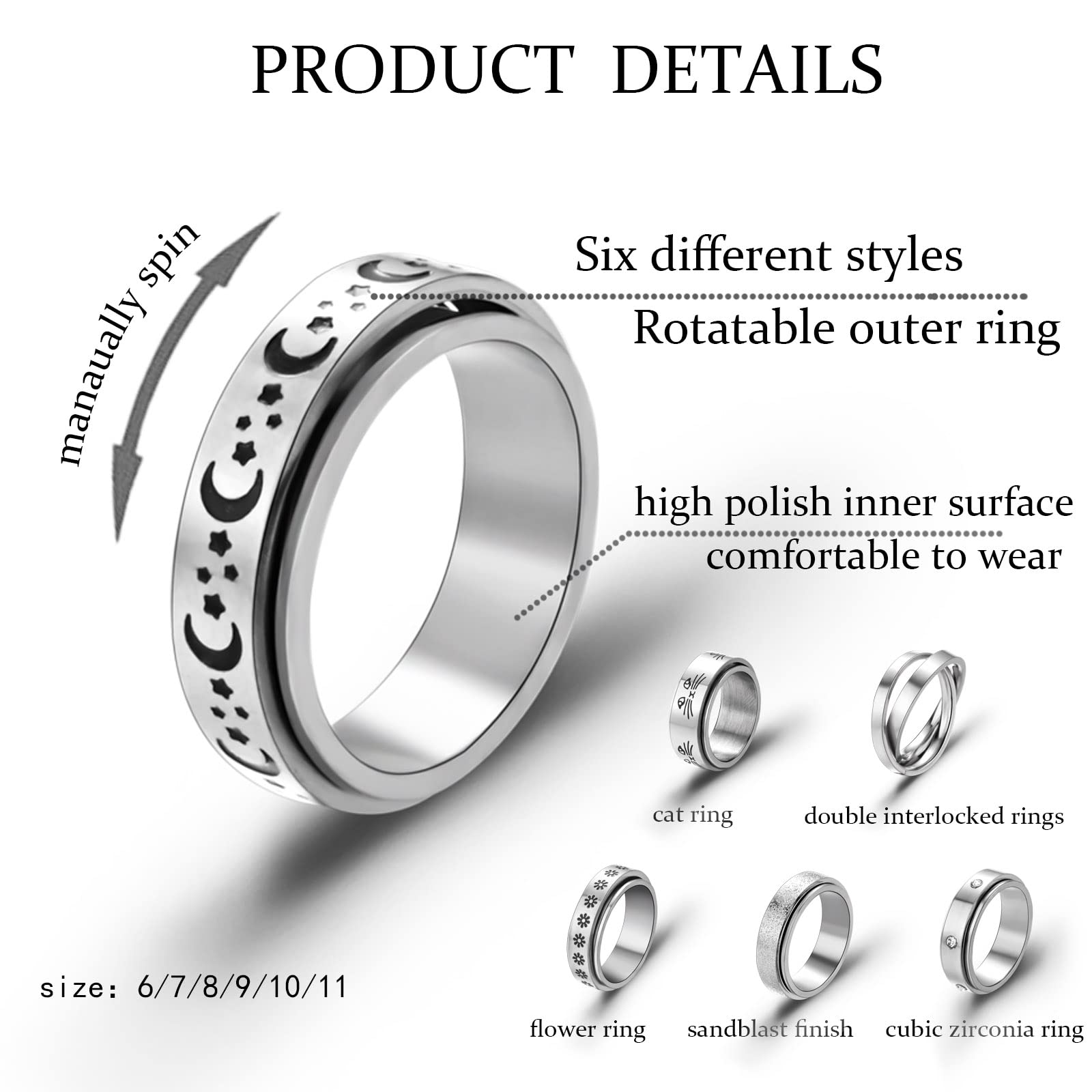 6Pcs Stainless Steel Fidget Rings Set - Moon Star Flower Cat Anxiety Relief Spinner Rings for Women & Men (Size 6-11) | Stress Relief, Focus Aid & Sensory Toy for ADHD, Anxiety & Office Work