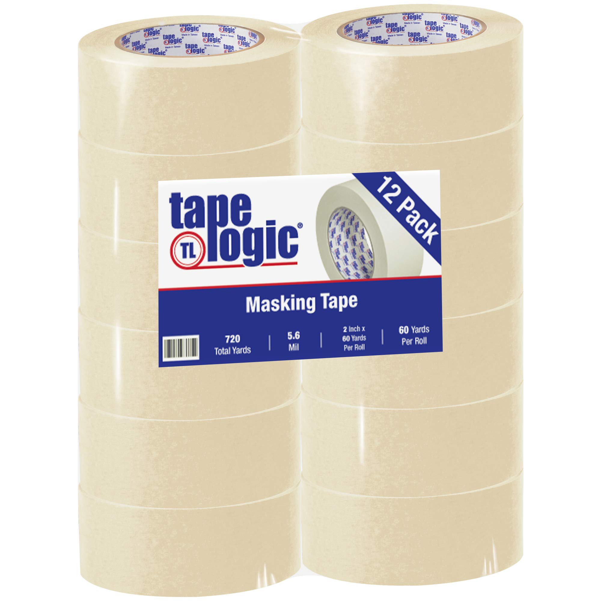 Tape Logic 2400 Industrial Masking Tape - 12 Pack Bulk (2 Inch x 60 Yards), Natural Color - Removable & Easy Tear for Painting, Labeling, Arts & Crafts | Perfect for Home DIY Projects, Wall Protection & Workshop Organization