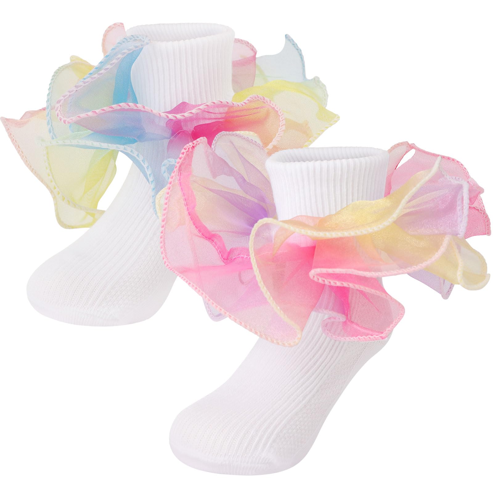 DRESHOW BQUBO Girls Ruffle Socks - Double Lace Frilly Dress Socks with Turn Cuff & Lace Trim for Infant, Toddler & Kids - Perfect for Parties, Weddings & Special Occasions