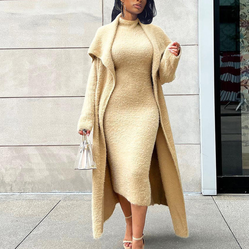Reversible Fleece Dress Cardigan Set with Belt - Cozy Winter Outfit for Women | Perfect for Casual Wear, Office & Date Nights