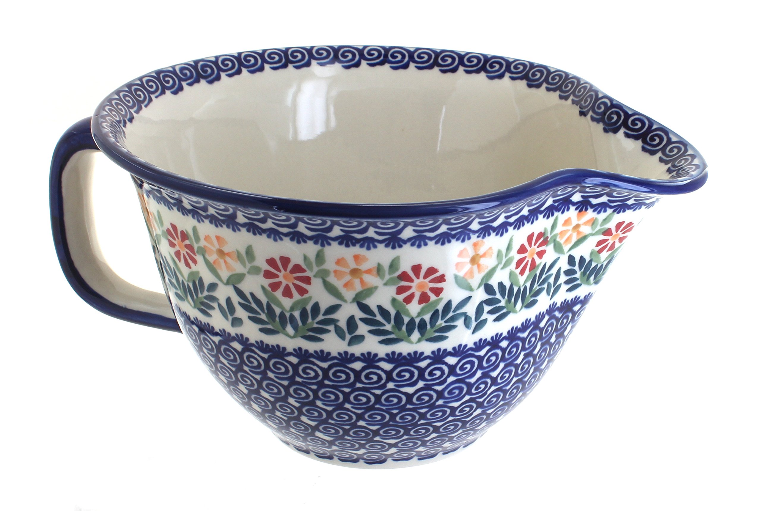 Blue Rose Polish Pottery Batter Bowl - Handcrafted Ceramic Mixing Bowl for Baking, Serving & Decor | Perfect for Kitchen, Dining & Garden Decor