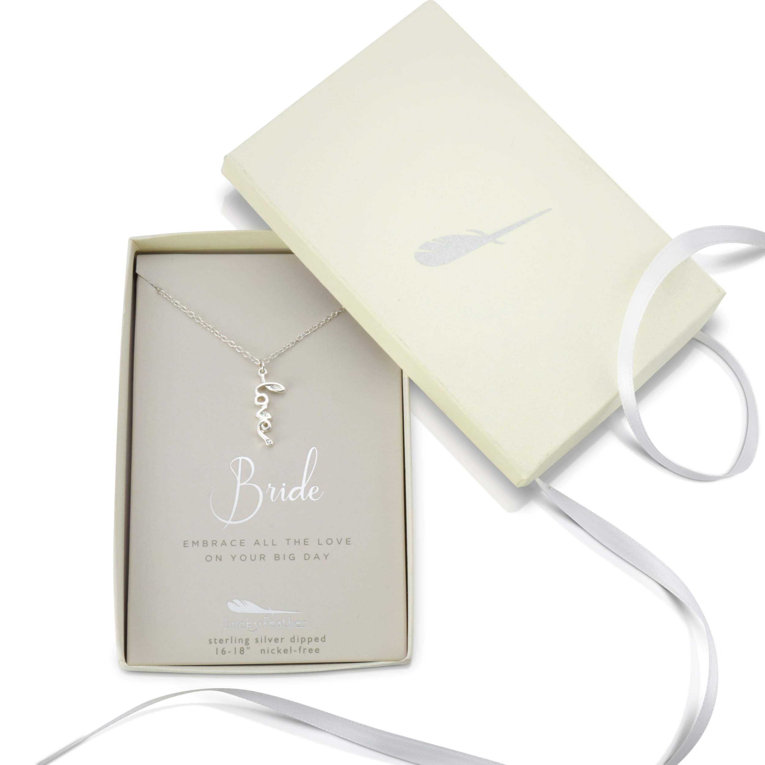 Lucky Feather Sterling Silver Necklace for Bride with Crystal Accent Stone & Adjustable Chain - Perfect for Weddings, Engagements & Special Occasions