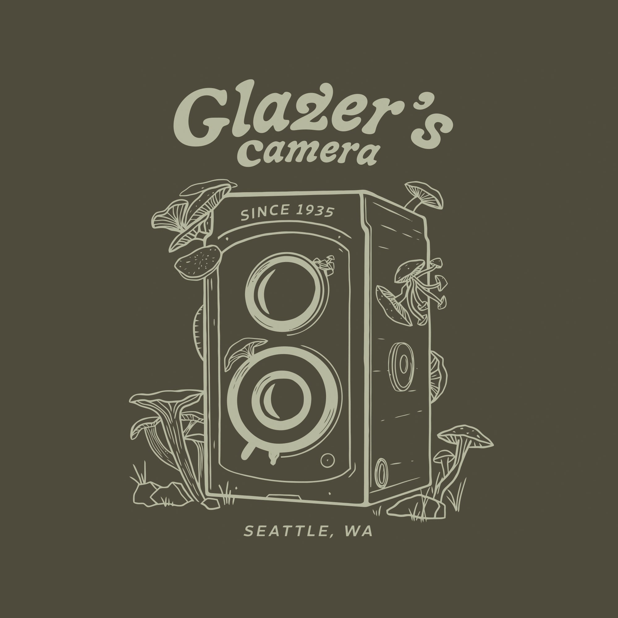 Glazer's Mushroom Camera Graphic T-Shirt - Olive Green - Large Size - Casual Streetwear for Photography Enthusiasts