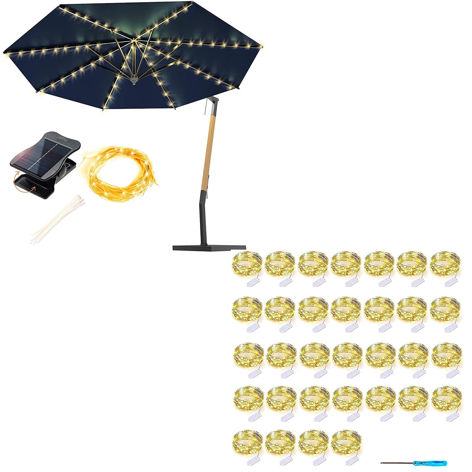 8 Modes Solar Powered Patio Umbrella Lights with 32 Pcs 30 LED Battery Operated Fairy Lights - Outdoor Garden, Backyard, Deck, Party & Wedding Decoration Lighting