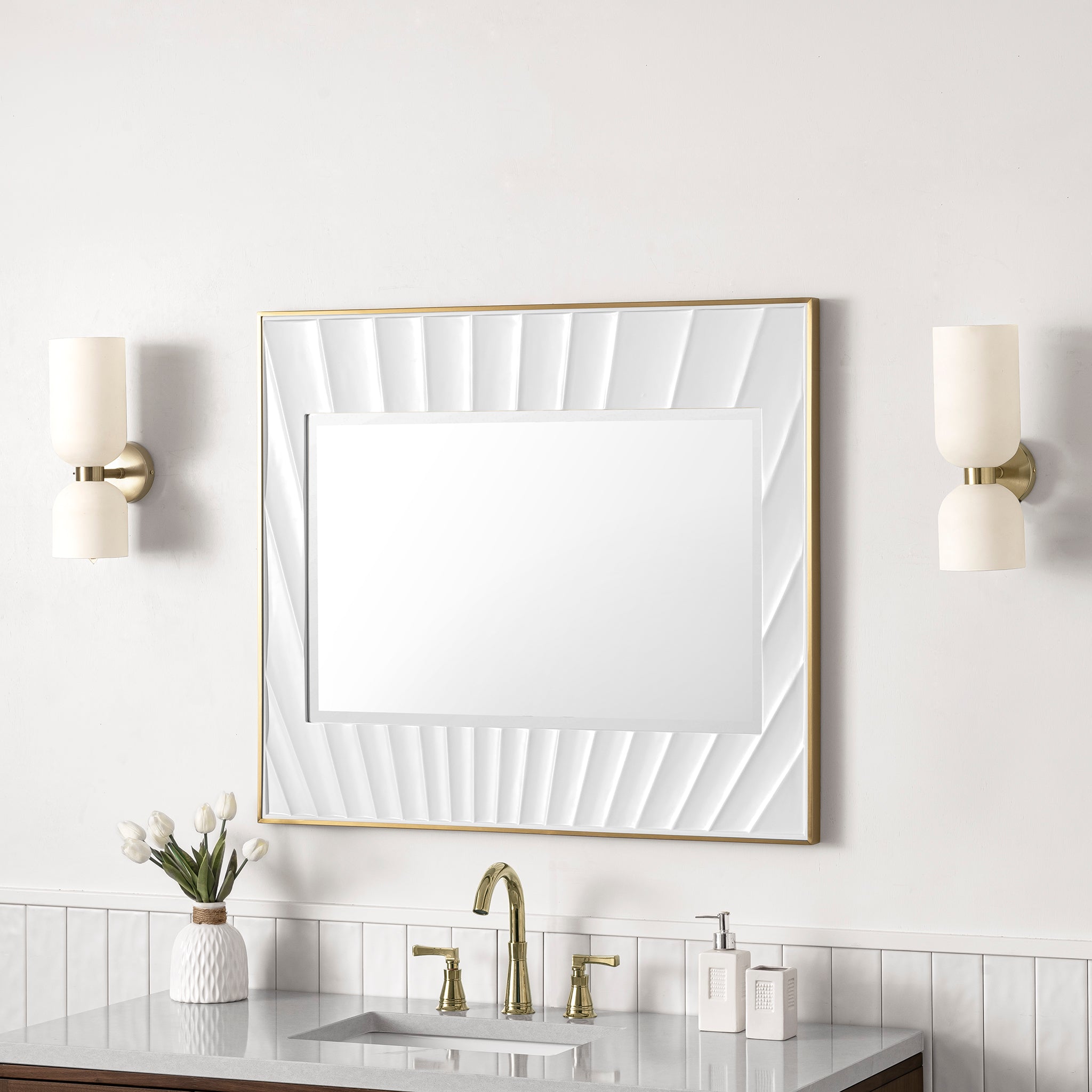 Soleil 36 Inch Round Wall Mirror - Matte White Frame with Gold Accents for Living Room, Bedroom & Bathroom Decor