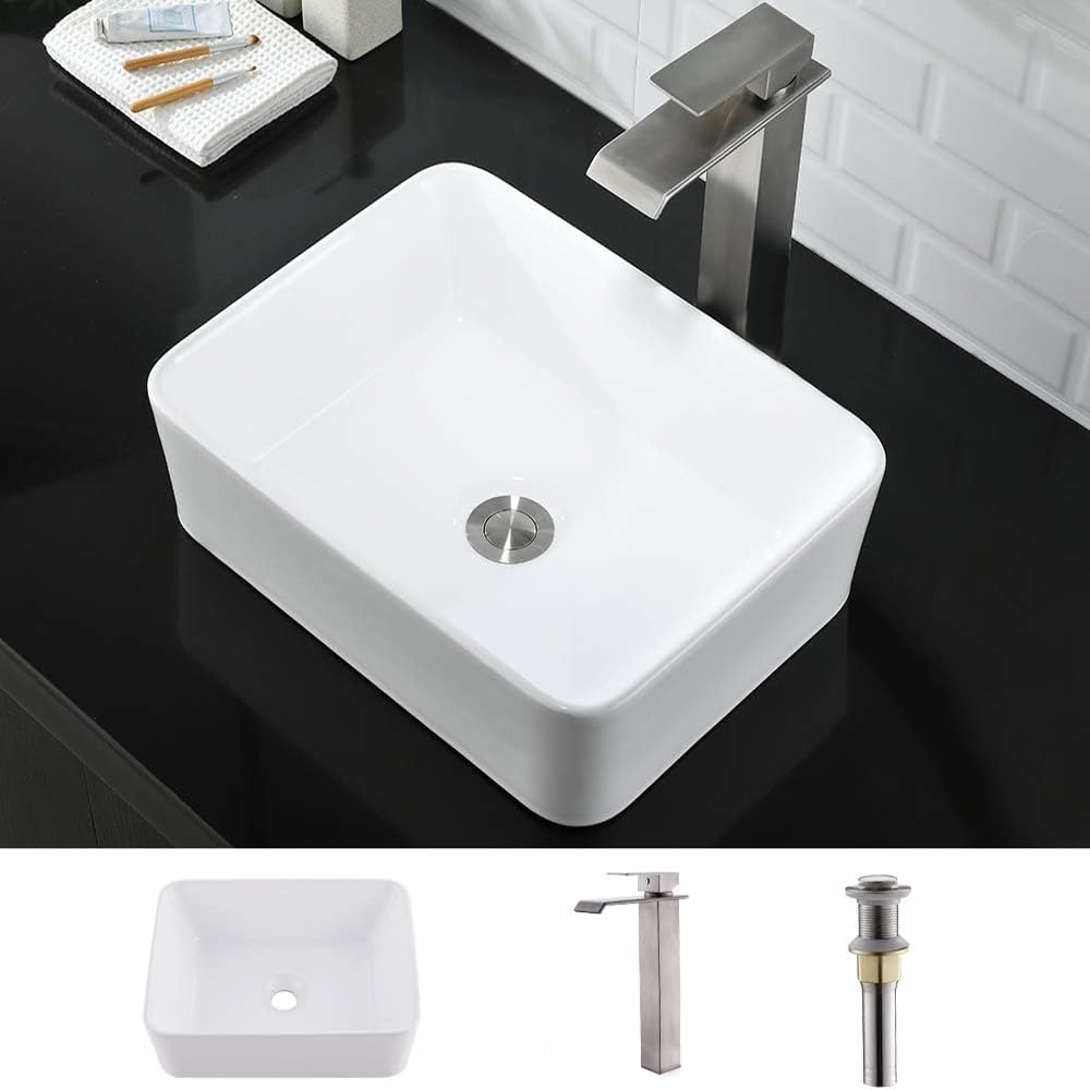WMXQX 19x15 Inch White Porcelain Rectangle Vessel Sink with Faucet and Drain Combo - Above Counter Bathroom Vanity Sink Set for Modern & Contemporary Bathrooms
