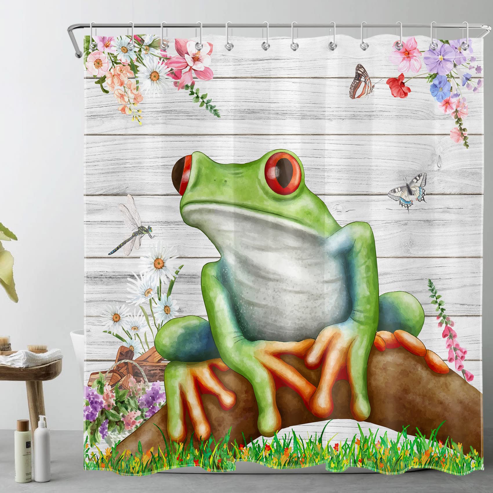 Cute Frog Shower Curtain with Butterflies - Grey Wooden Board Design, Colorful Botanical Floral Polyester Fabric Bathroom Decor (72x72 Inches) - Perfect for Kids' Bathrooms, Nature-Themed Decor & Unique Gift Ideas