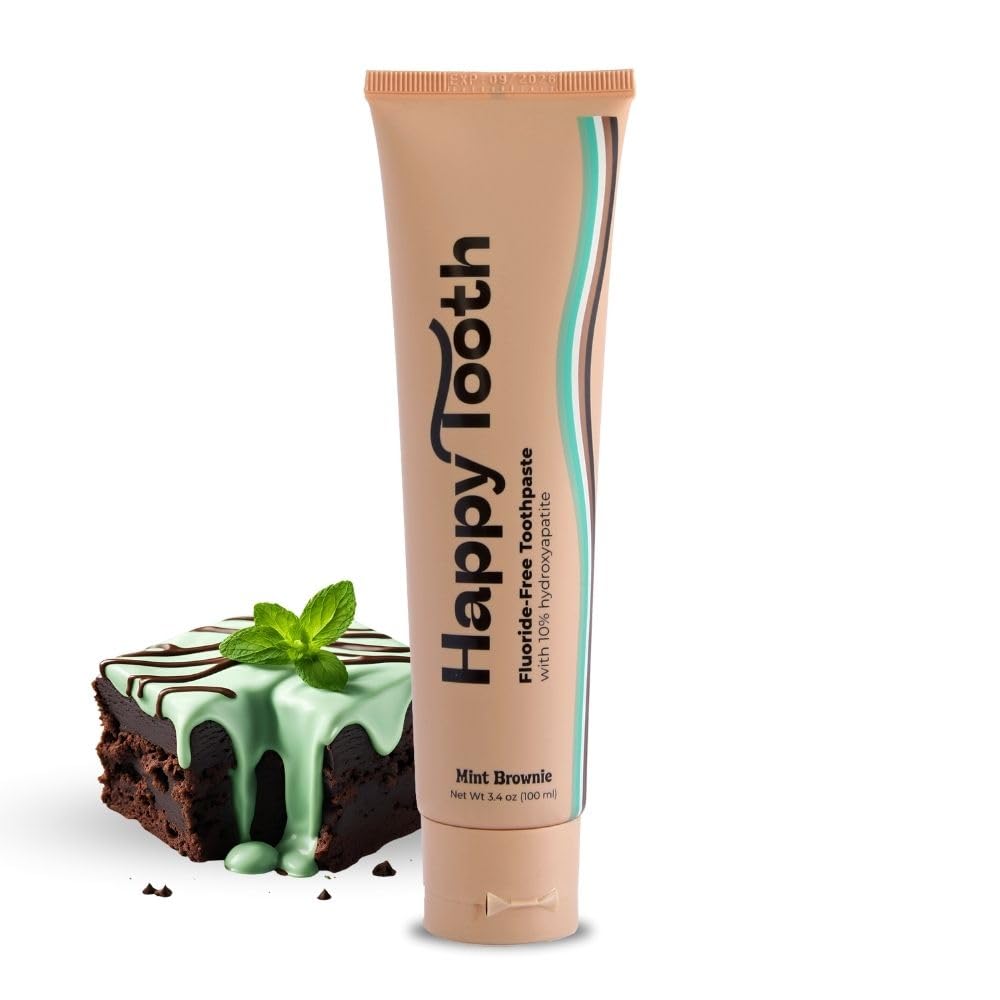 Happy Tooth Natural Hydroxyapatite Toothpaste - Fluoride & SLS Free, Whitening for Sensitive Teeth, Dentist Recommended for Adults & Kids, Mint Brownie Flavor (3.4 Fl Oz) | Gentle Daily Care for Healthy Smiles