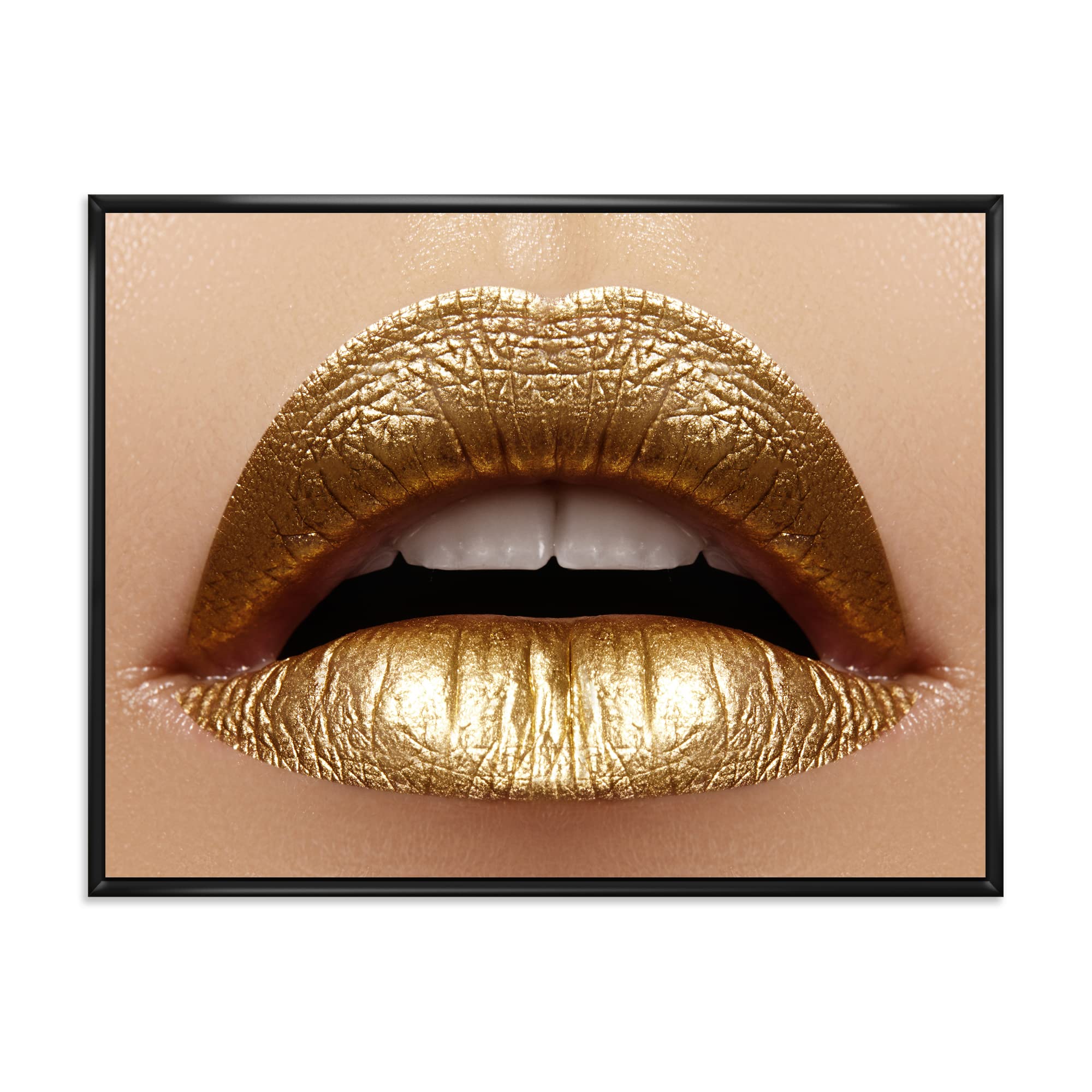 Golden Lipstick Plump Lips Canvas Wall Art Print - Modern Framed Home Decor for Living Room, Bedroom & Office