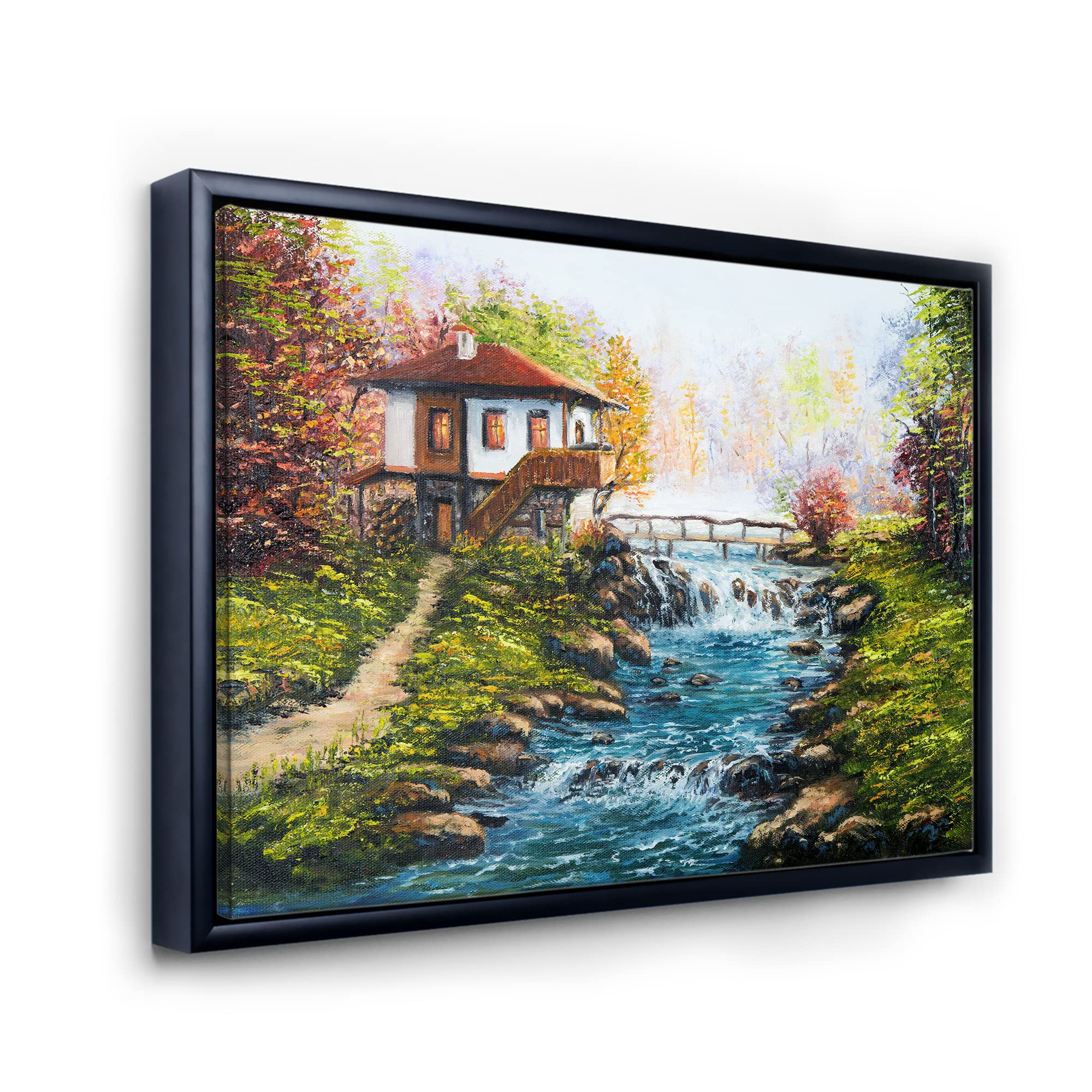 Traditional Bulgarian House and River - Lake House Framed Canvas Wall Art Print | Home Decor for Living Room, Bedroom & Office | Scenic Landscape Painting for Rustic & Farmhouse Style