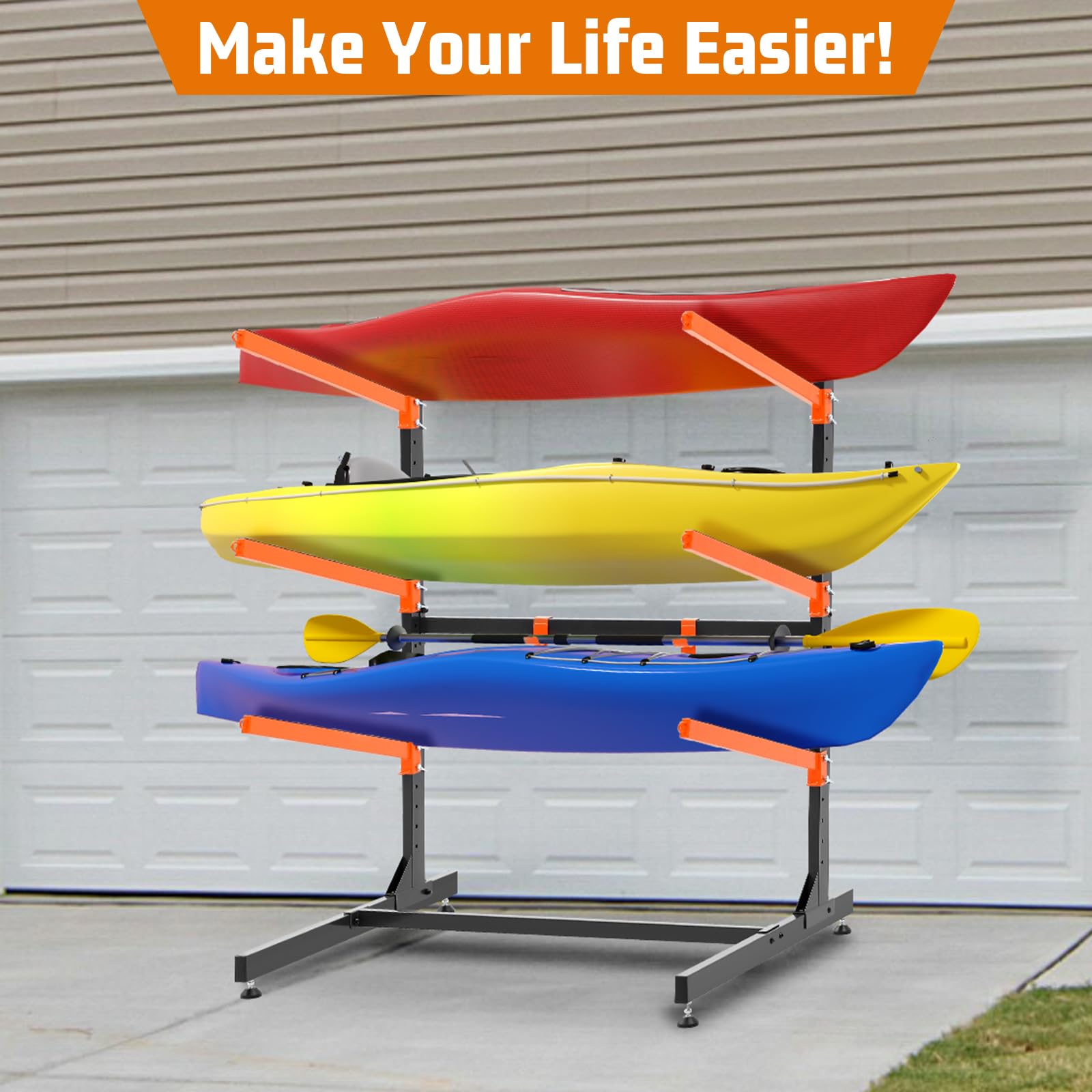 **Heavy Duty Adjustable Kayak Storage Rack for Garage - Freestanding Indoor & Outdoor Kayak Stand for Kayaks, Canoes, Surfboards & Paddleboards - Perfect for Garage, Backyard, or Dock Storage**