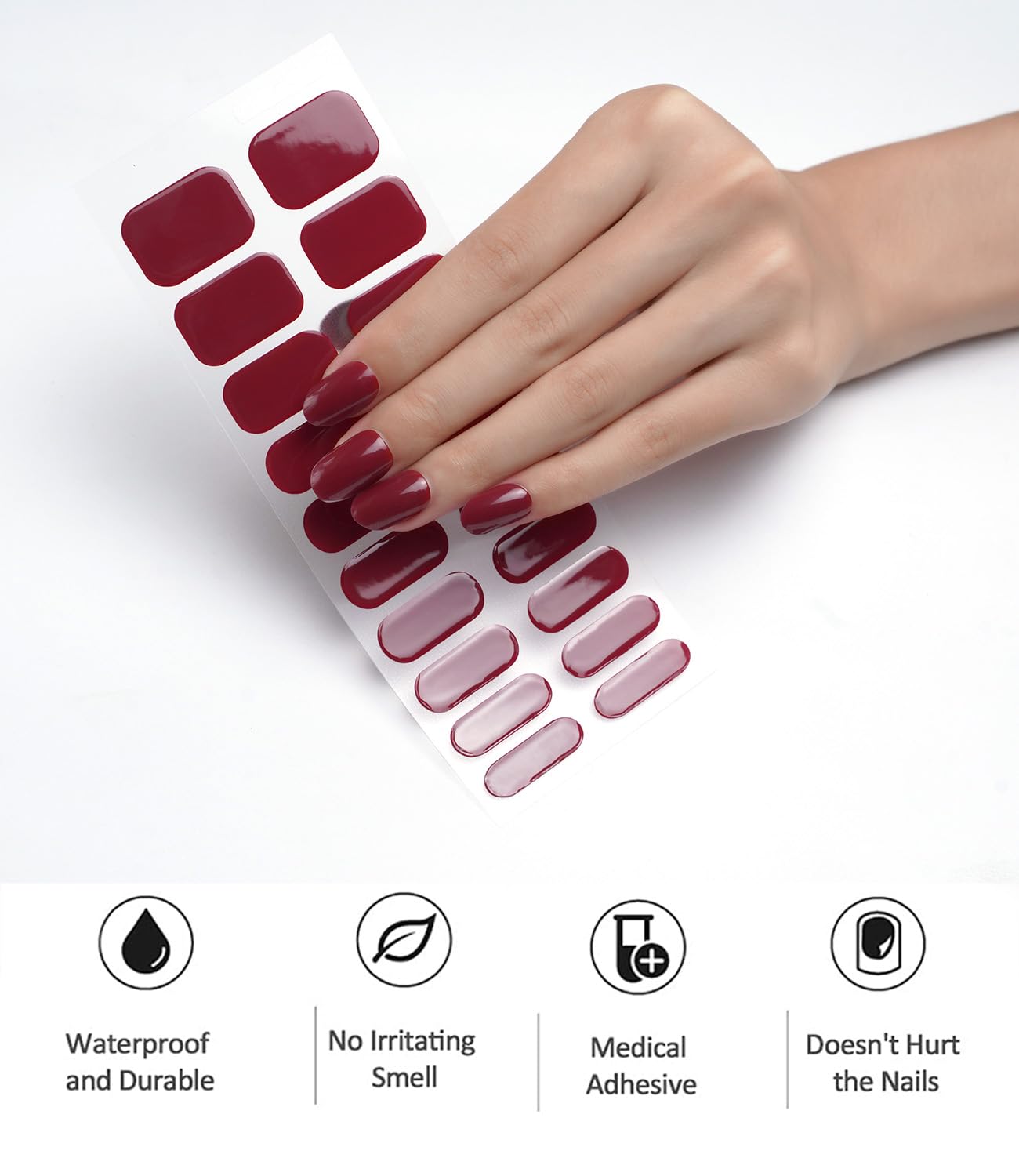 Wahrshei UV Nail Stickers - Wine Red Gel Nail Art Decals | 20 Self-Adhesive Nail Films for Salon & DIY Manicure | UV Gel Nail Stickers, Stencils & Decals for Professional & Home Nail Art | Perfect for Parties, Weddings & Special Occasions