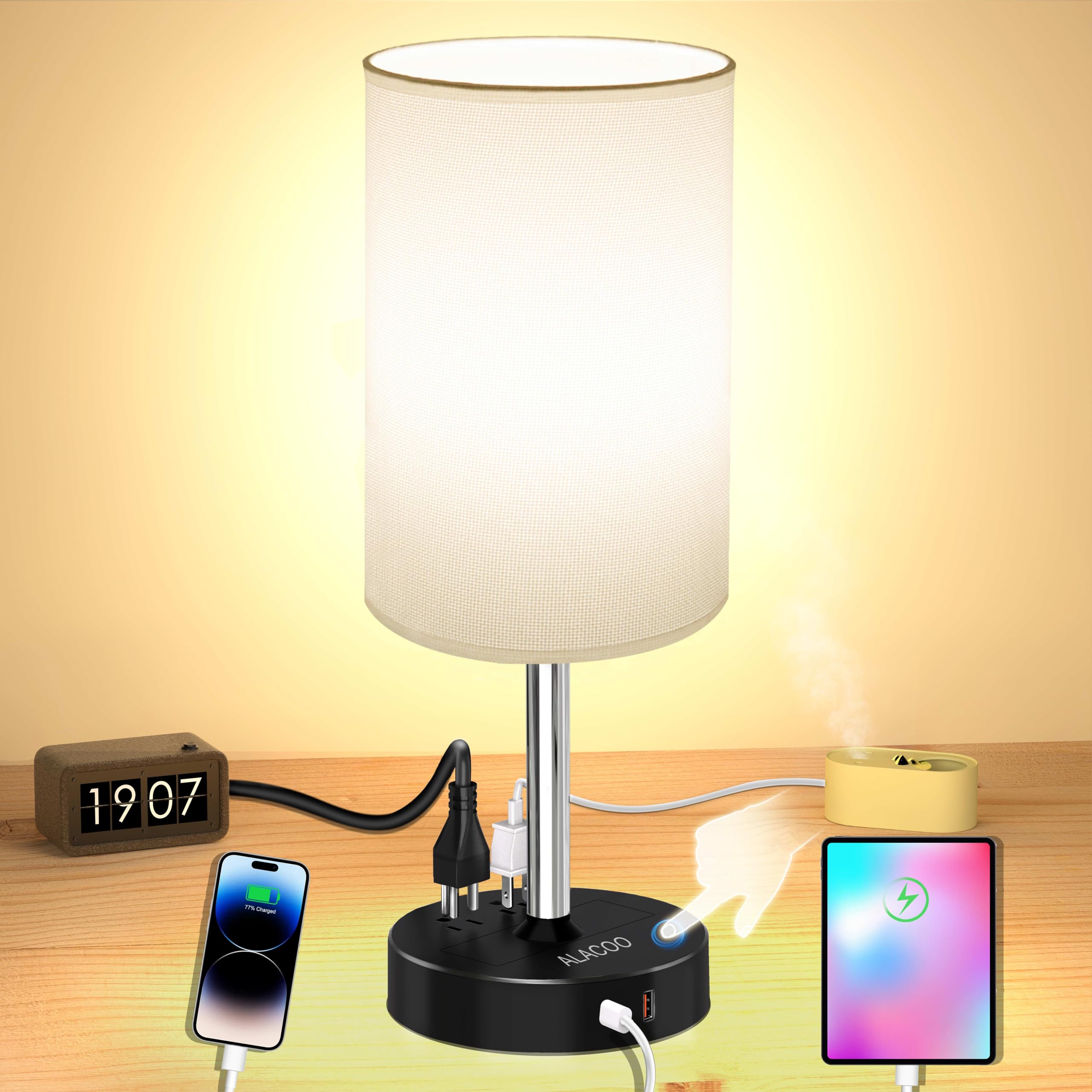 Modern Touch Control Bedside Table Lamp with USB-C & USB-A Charging Ports, 3-Way Dimmable Nightstand Light with AC Outlet (1000W) - Perfect for Bedroom, Kids Room & Office Workspace (Includes E26 LED Bulb) - Ideal for Reading, Working & Nighttime Charging Needs