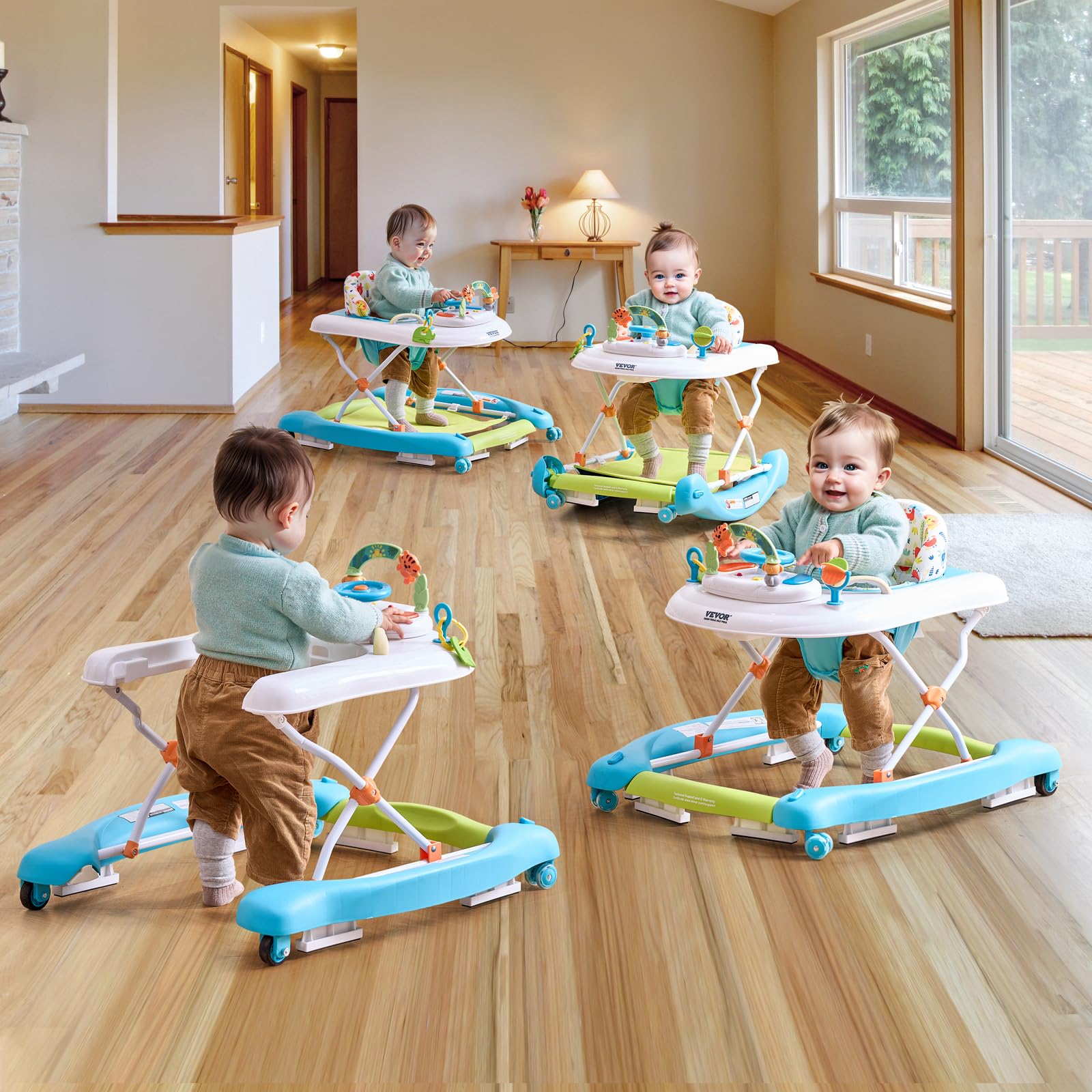 VEVOR 4-in-1 Baby Activity Walker with Wheels - Adjustable Height Learning Walker, Rocker & Bouncer for Toddlers 6-24 Months | Foldable Design with Music & Toy Tray | Perfect for Indoor Play & Early Development