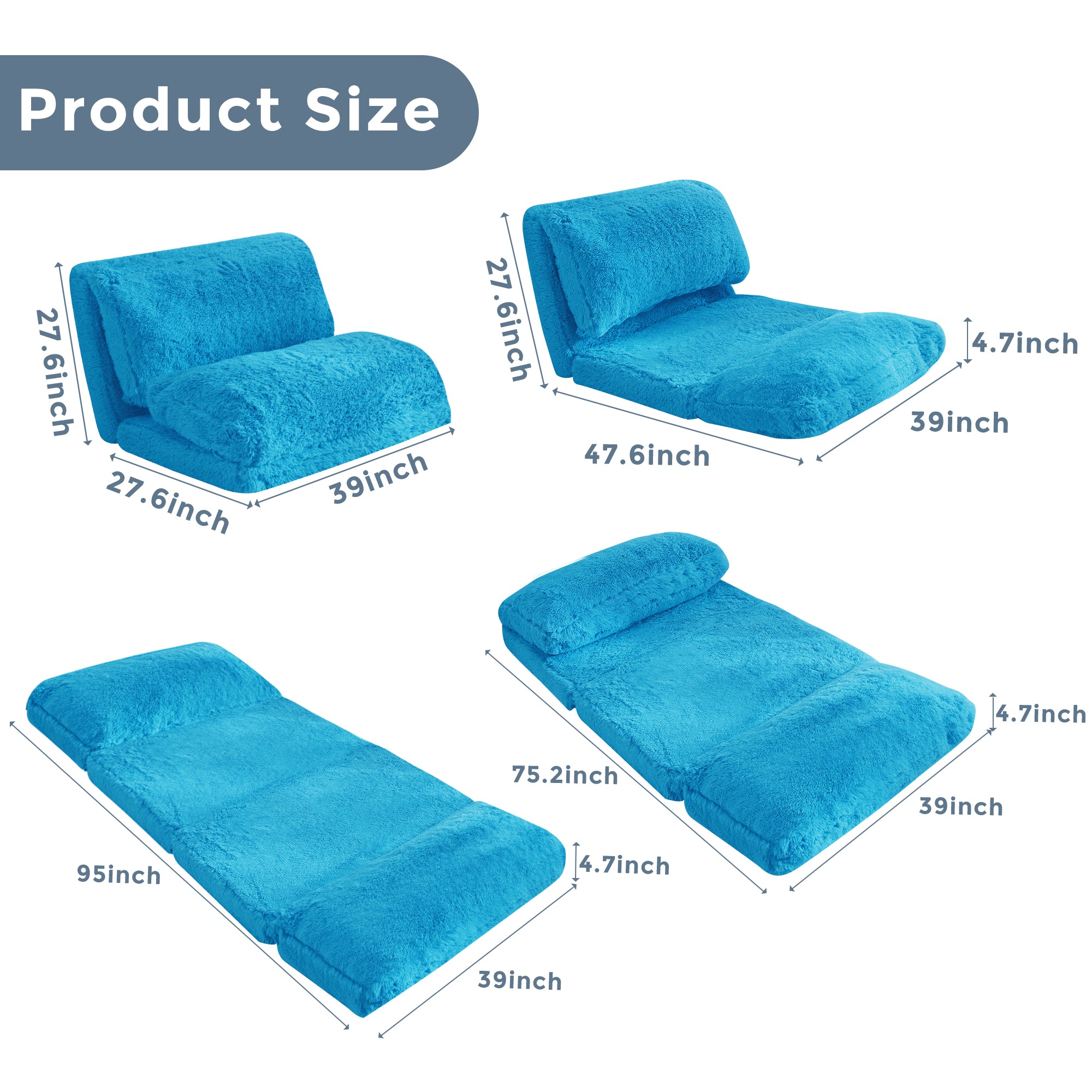 MAXYOYO Folding Bean Bag Sofa Bed - Soft Faux Fur Floor Couch with Foam Filling, Blue - Perfect for Living Room, Bedroom, Dorm & Small Space Relaxation