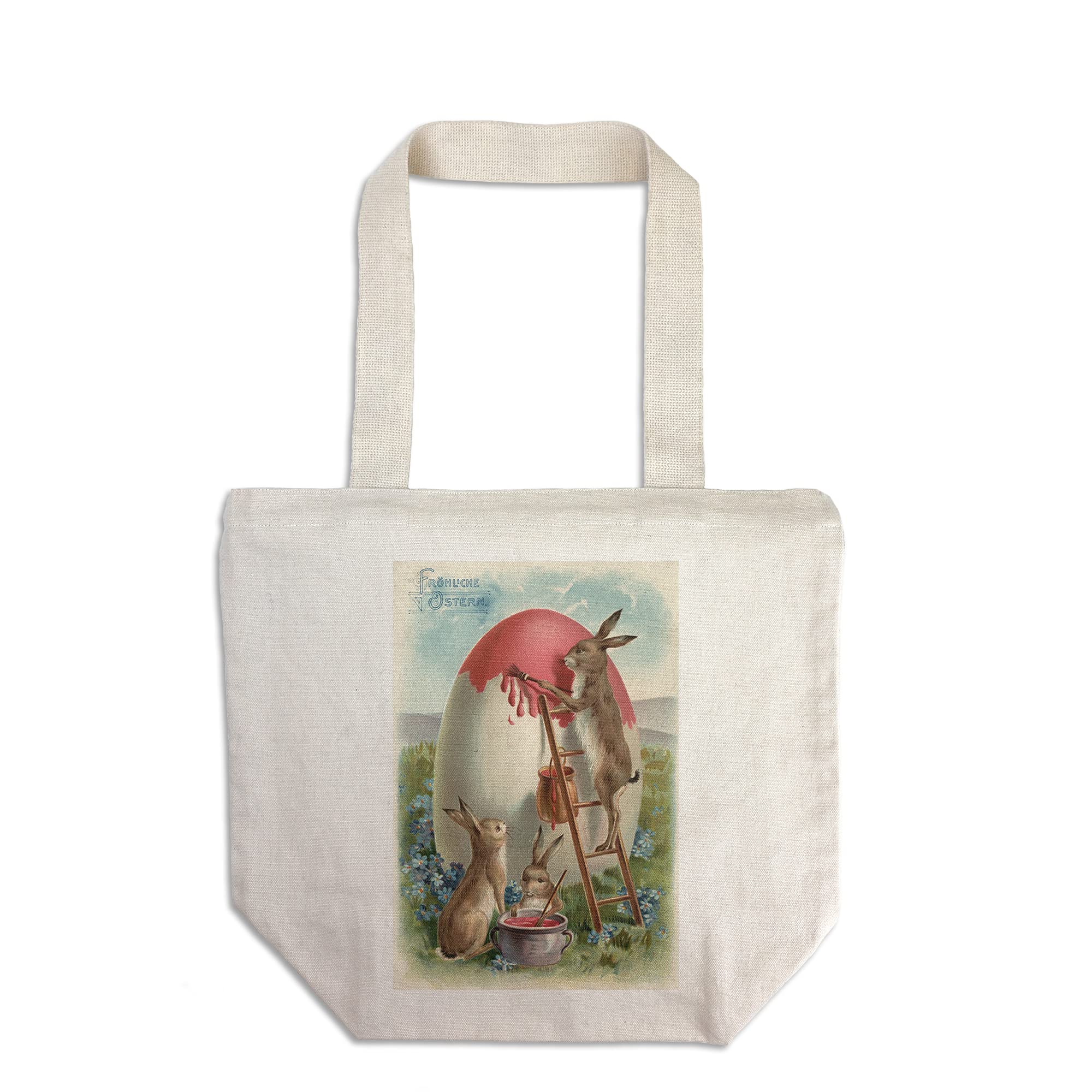 Vintage Easter Greetings Tote Bag - German Rabbit Painting Egg Design - 100% Cotton Canvas Reusable Shopping Bag for Groceries, Beach & Daily Use