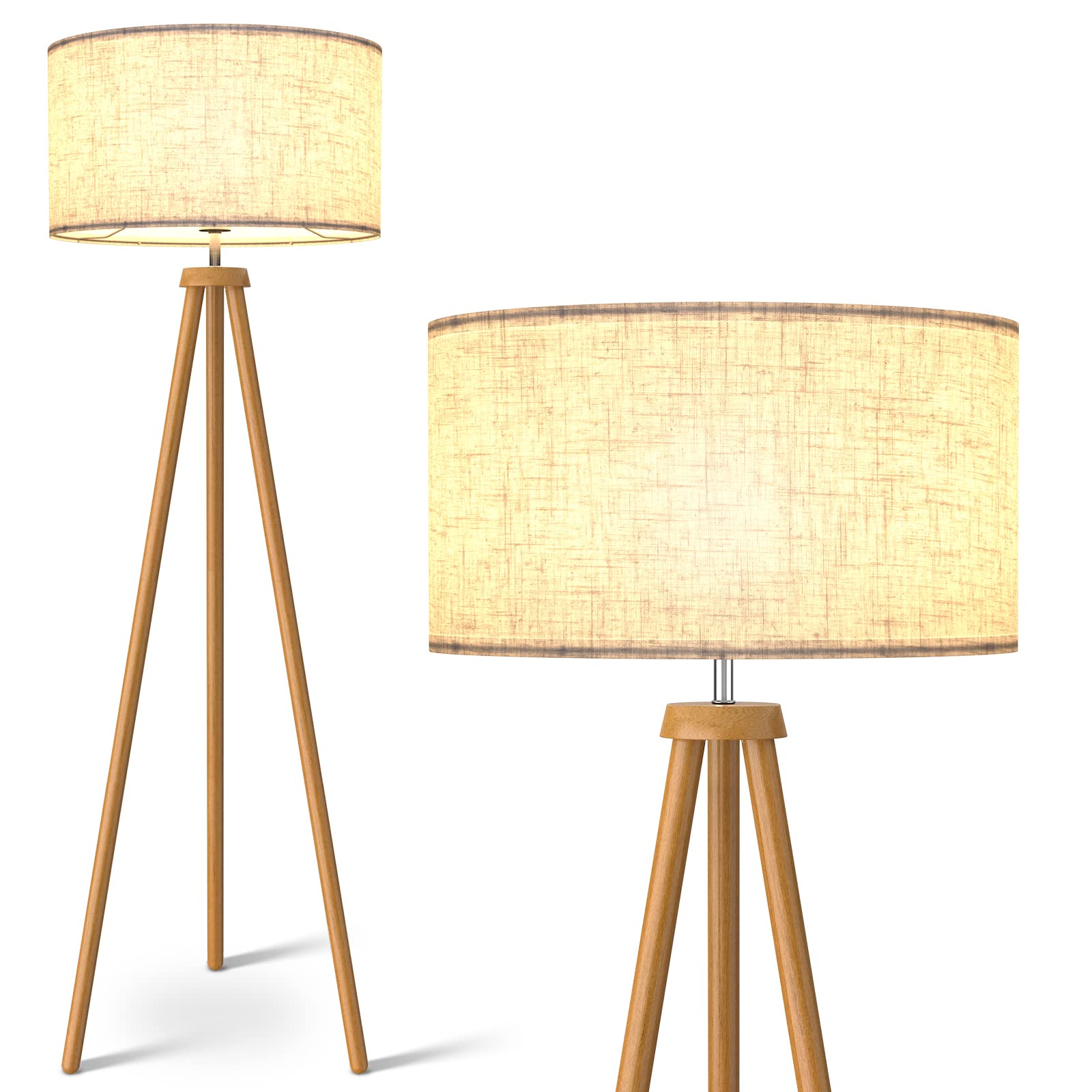 LEPOWER Mid Century Modern Wood Tripod Floor Lamp with Flaxen Shade - E26 Base Standing Lamp for Living Room, Bedroom, Study & Office - Perfect for Reading Nook, Cozy Corner & Home Decor