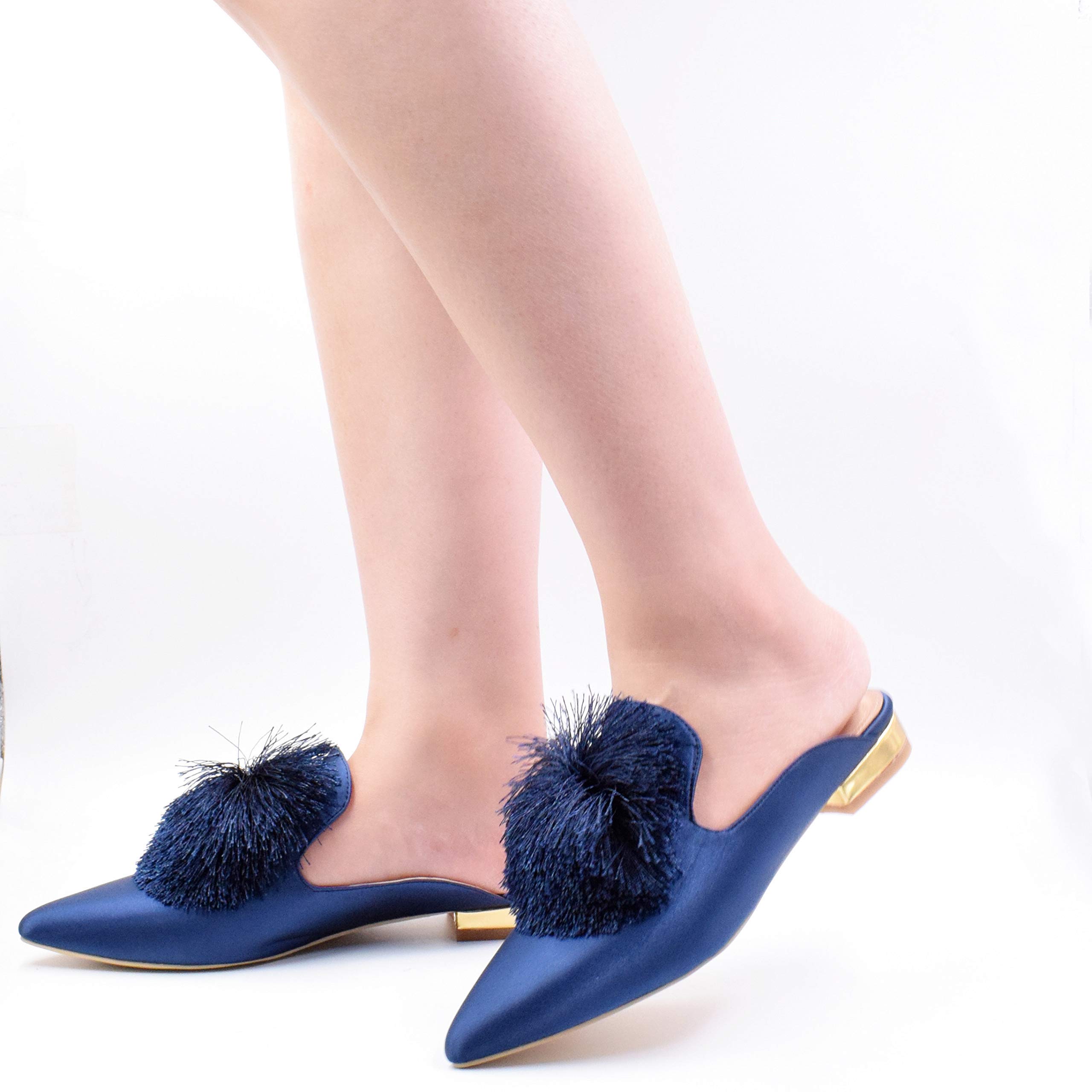 Fericzot Women's Slip On Mule Loafers - Backless Pointed Toe Flats with Puff Pompom Detail - Comfortable Casual Shoes & House Slippers for Women - Perfect for Work, Home, and Everyday Wear
