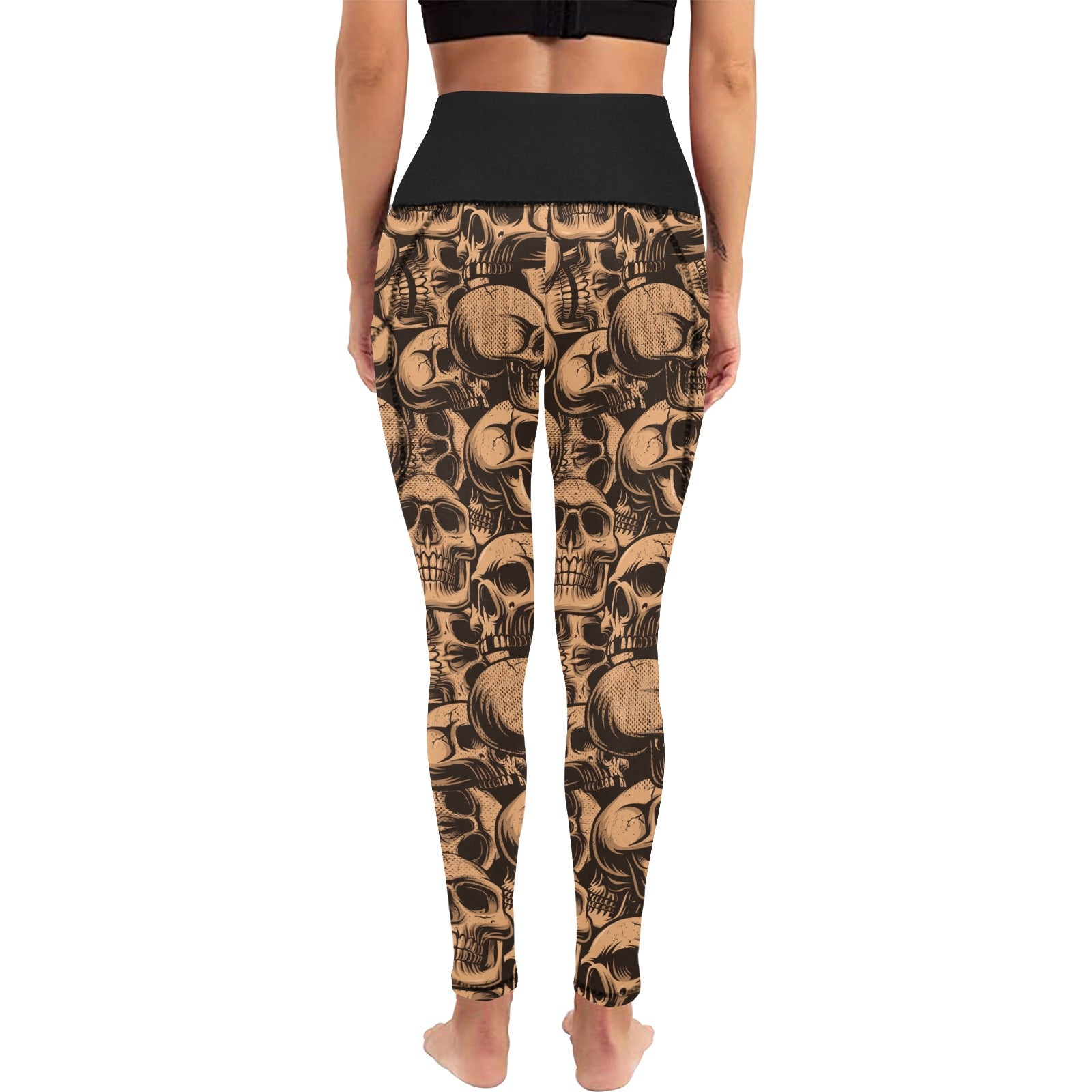 Stylish Bronze Skull Print Leggings with Pockets - Trendy Yoga Pants for Women, Perfect for Gym, Workout & Casual Wear