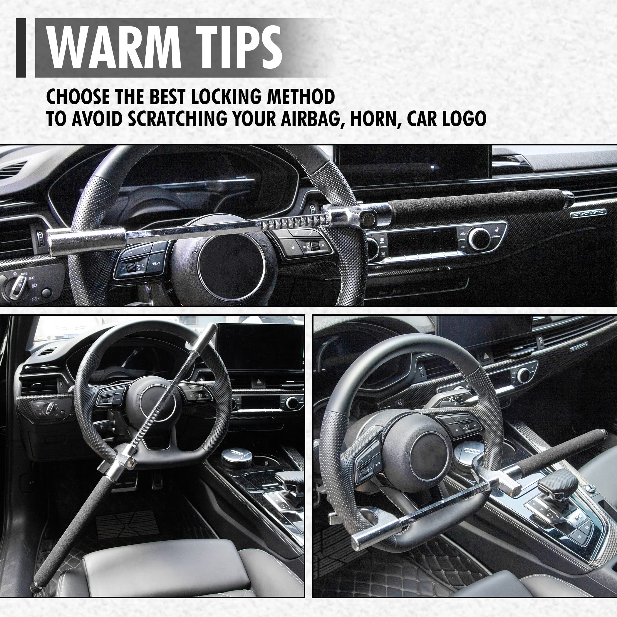 CARTMAN 3-in-1 Steering Wheel Lock - Heavy Duty Anti-Theft Car Security Device with Emergency Hammer & Window Breaker - Adjustable Length Universal Fit for Cars, Vans, SUVs - Perfect for Parking Security, Roadside Emergencies & Self-Defense