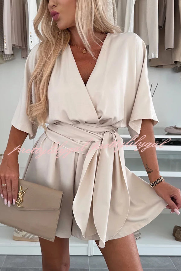 Stylish Comfortable V-Neck Wide Sleeve Tie-Up Loose Romper for Women - Summer Casual Outfit, Beach Cover-Up, Lounge Wear, and Vacation Essentials