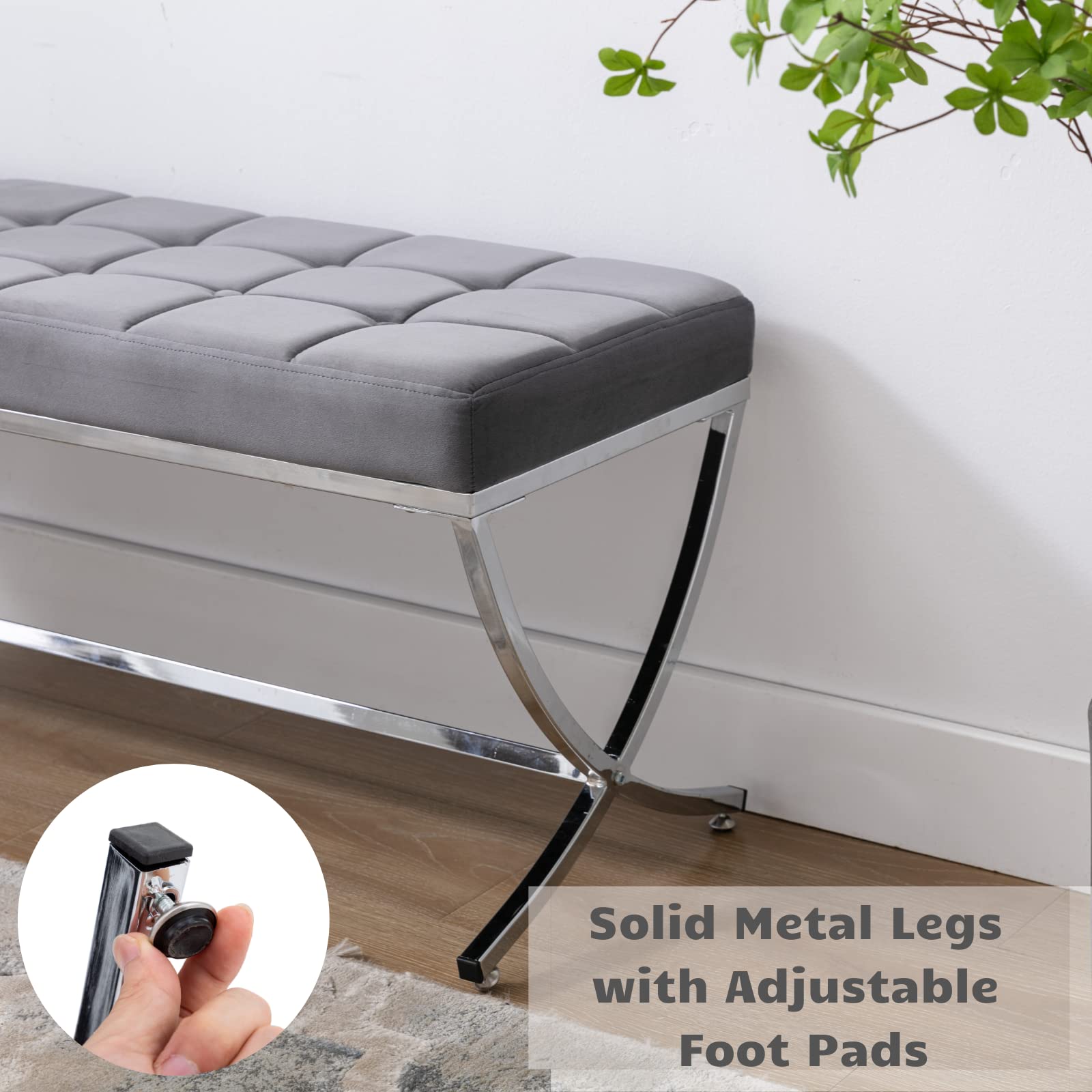Modern Velvet Upholstered Dining Bench with Button Tufted Design & Sturdy Metal Legs - Grey Ottoman Footstool for Kitchen Table, Living Room Seating & Entryway Decor