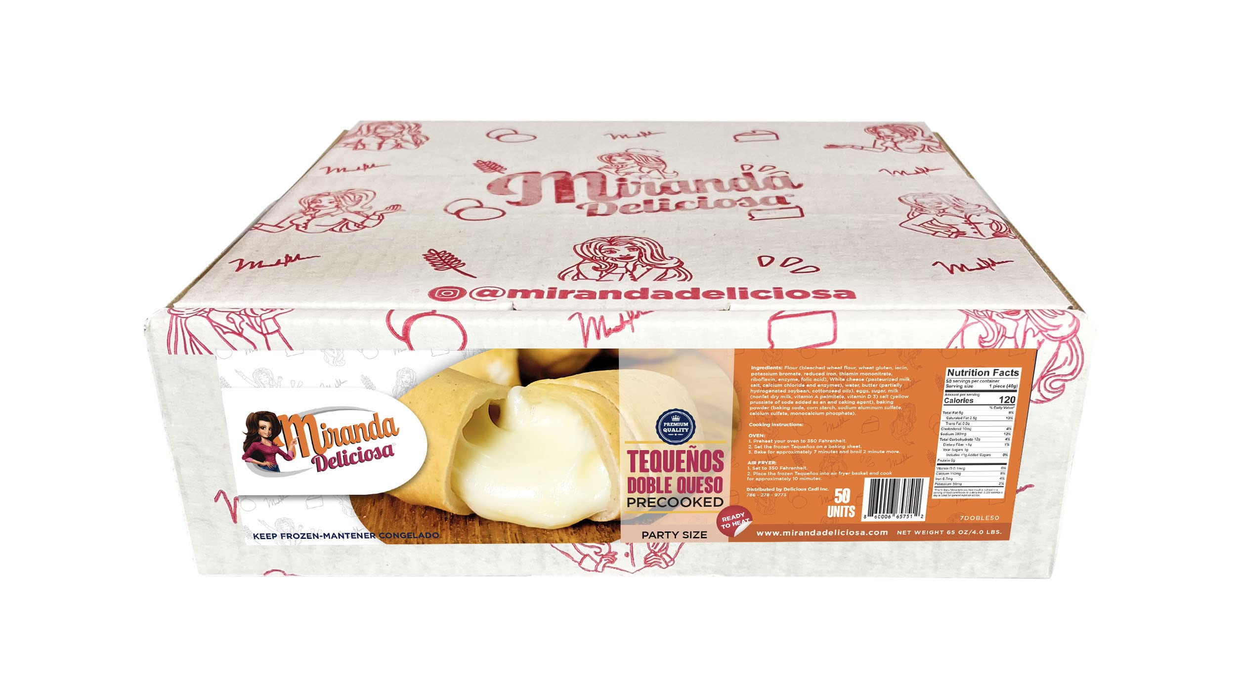 Miranda Deliciosa Tequeños Gourmet Double Cheese Sticks - Pre-Cooked with Thinner Dough & Extra Cheese (Doble Queso) - Ready to Heat - 50 Pieces per Box - Perfect for Parties, Snacking & Appetizers