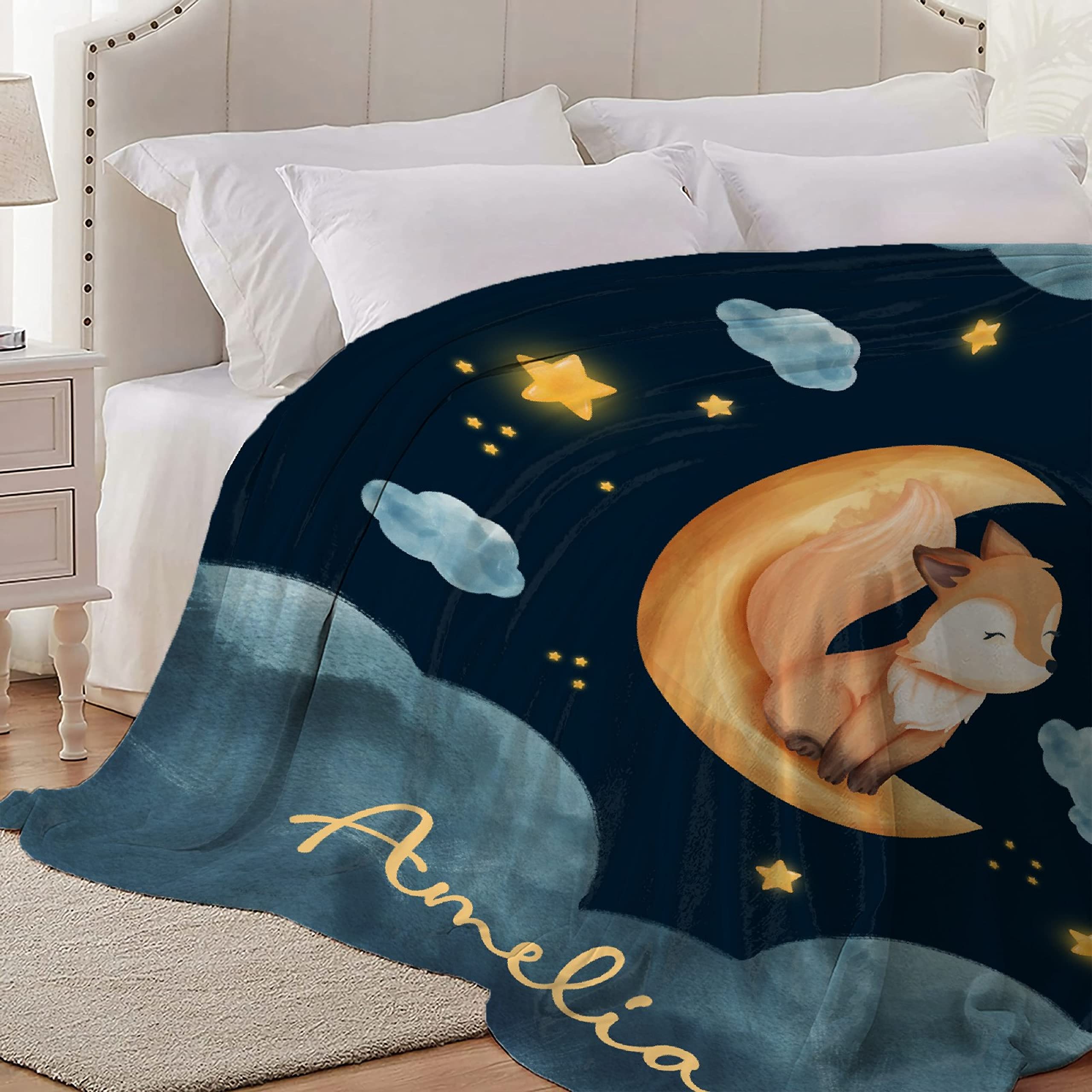 Personalized Moon Fox Baby Blanket with Name - Custom Animal Throw Blanket for Boys & Kids (120