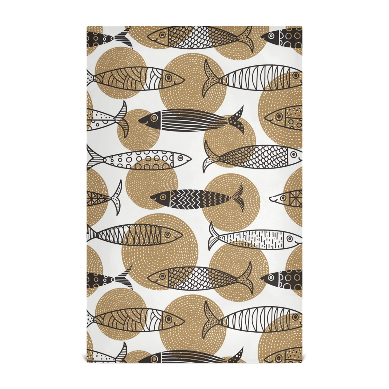 Poeticcity Handmade Tribal Fish Design Kitchen Dish Towel - Set of 1 Brown Ethnic Waffle Weave Dishcloth with Hanging Loop, Polyester Tea Towel for Drying Dishes, Bar Mop & Counter Cleaning | Perfect for Farmhouse, Boho & Coastal Kitchen Decor