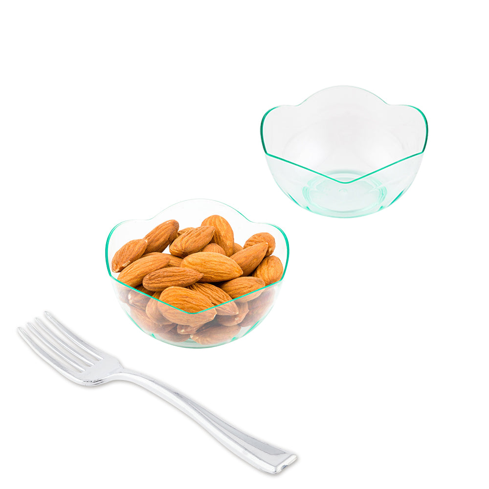 100 Pack 2 oz Round Seagreen Plastic Le Fleur Cups with 100 Silver Mini Forks - Perfect for Party Favors, Wedding Decor, Baby Showers & Dessert Displays
