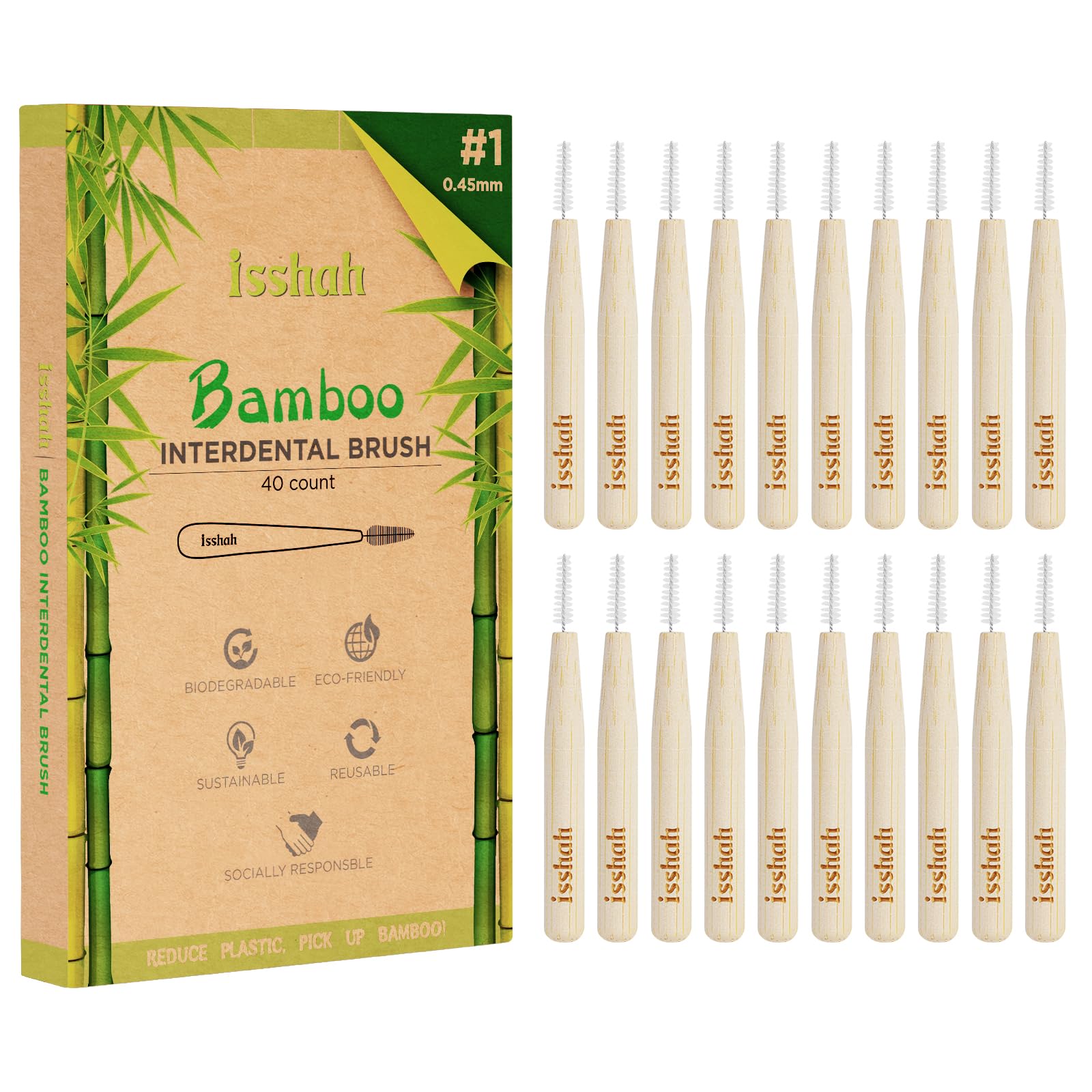 Eco-Friendly Bamboo Interdental Brushes (40-Pack) - 0.45mm Size 1 for Deep Teeth Cleaning | FSC Certified & PETA Approved | Perfect for Travel, Braces Care & Oral Hygiene Routine