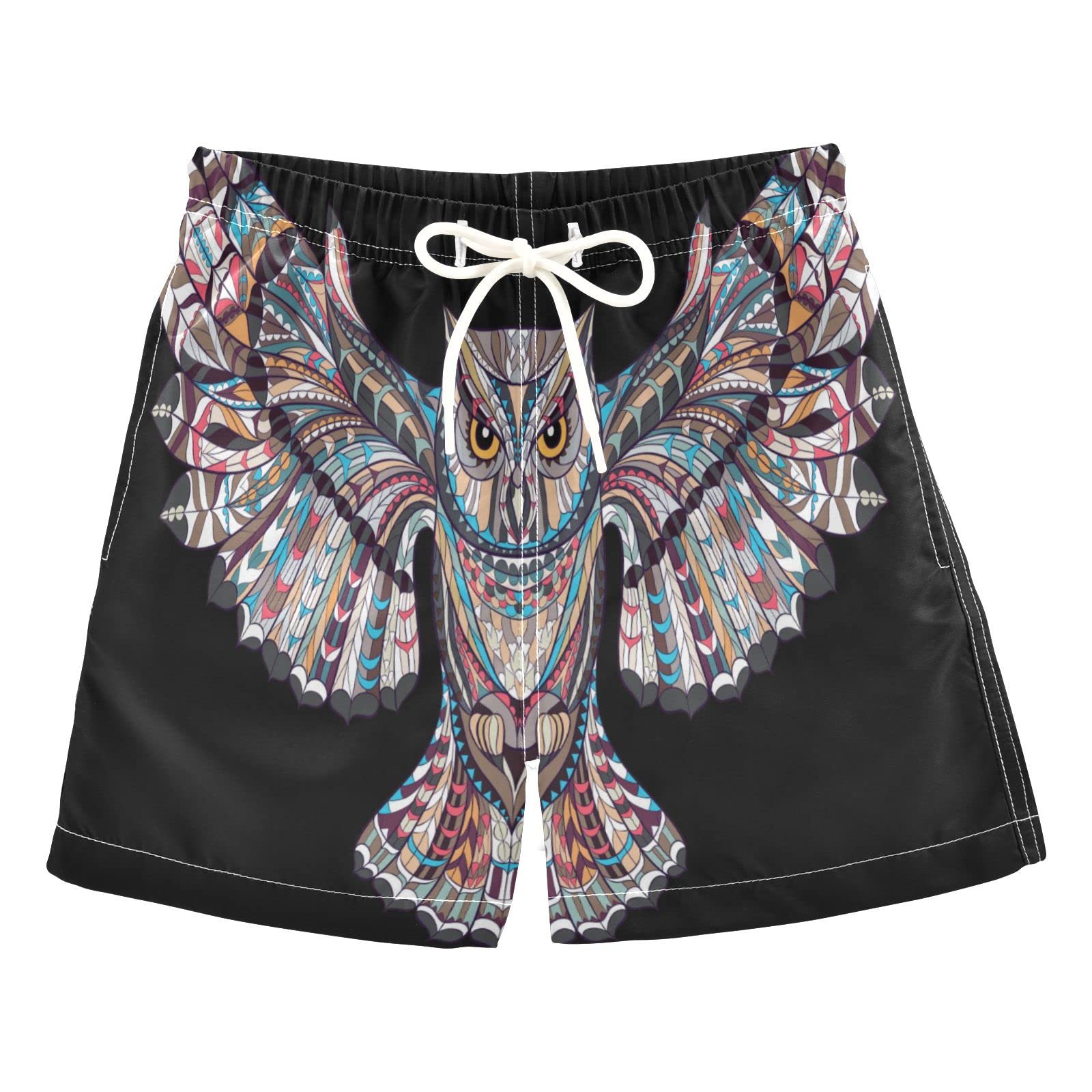 Boys' Owl Print Swim Trunks - Grunge Background Board Shorts for Beach, Surf & Swimming | Hawaii Vacation Essentials for Kids