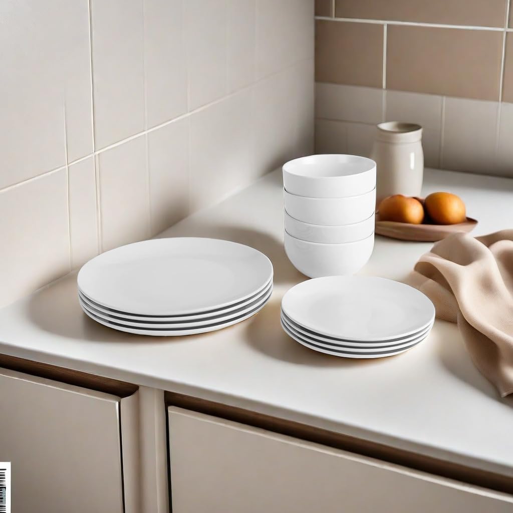 12-Piece Porcelain Dinnerware Set - 4 Dinner Plates, 4 Salad Plates & 4 Bowls - Dishwasher & Microwave Safe White Tableware for Everyday Dining & Entertaining