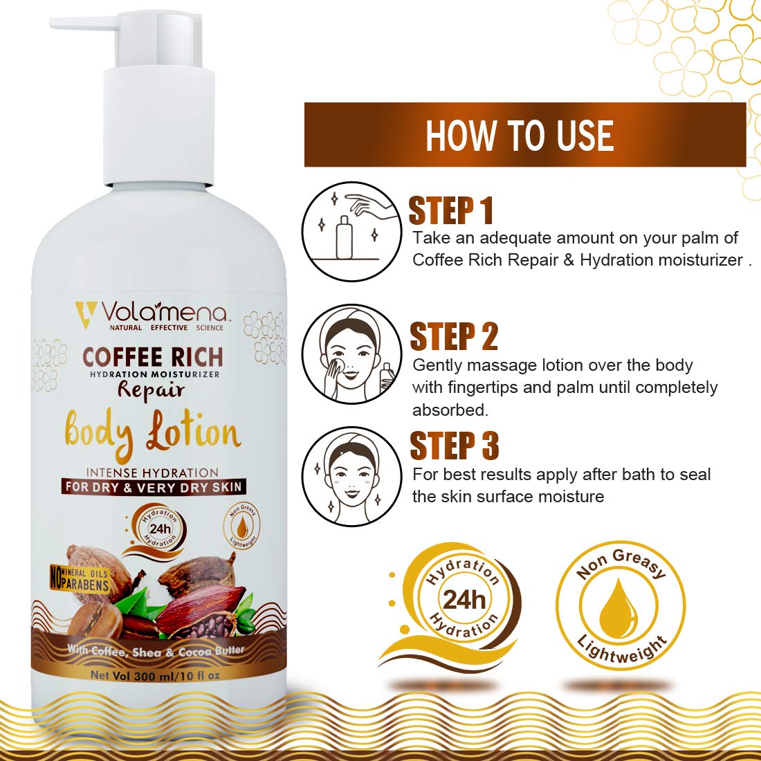 Volamena Coffee Rich Hydration Moisturizer Body Lotion for Dry Skin - Non-Greasy, Lightweight Moisturizing Cream for Women & Men (300ml) | Perfect for Daily Hydration, After Shower Care & Winter Skin Protection