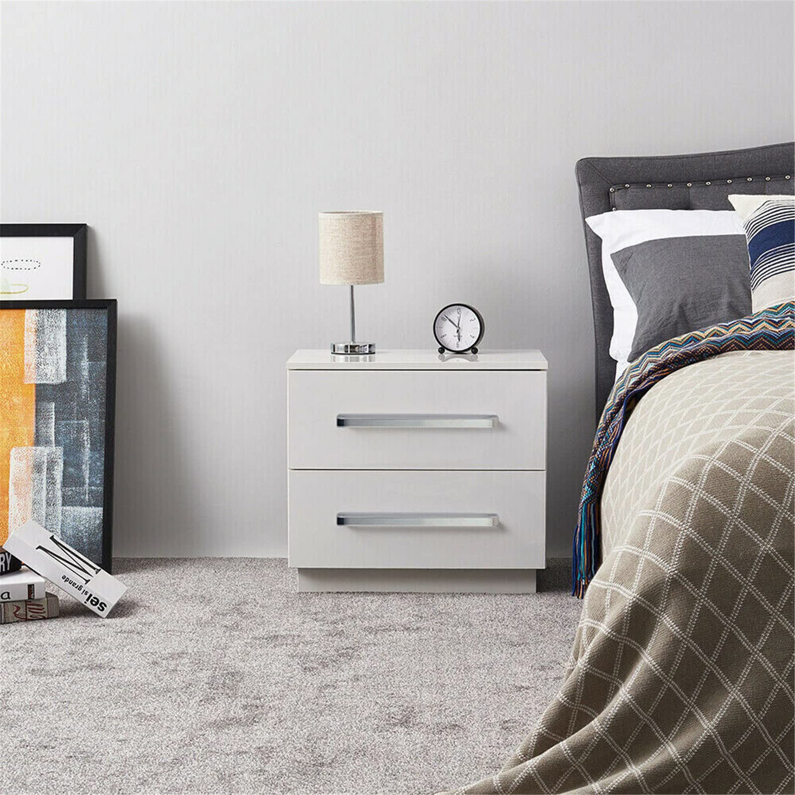 Modern RGB LED Nightstand with 2 Drawers - High Gloss Storage Cabinet with Remote Control - Multi-Purpose End Table Organizer for Bedroom & Living Room - White Home Furniture for Ambient Lighting & Smart Storage Solutions