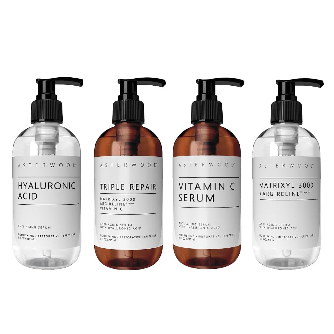 **Asterwood Hyaluronic Acid Serum + Triple Repair Serum + Vitamin C Serum + Matrixyl 3000 Serum (8 oz Each) – Anti-Aging Skincare Set for Hydration, Brightening & Wrinkle Reduction – Perfect for Daily Skincare Routine & Nighttime Use**
