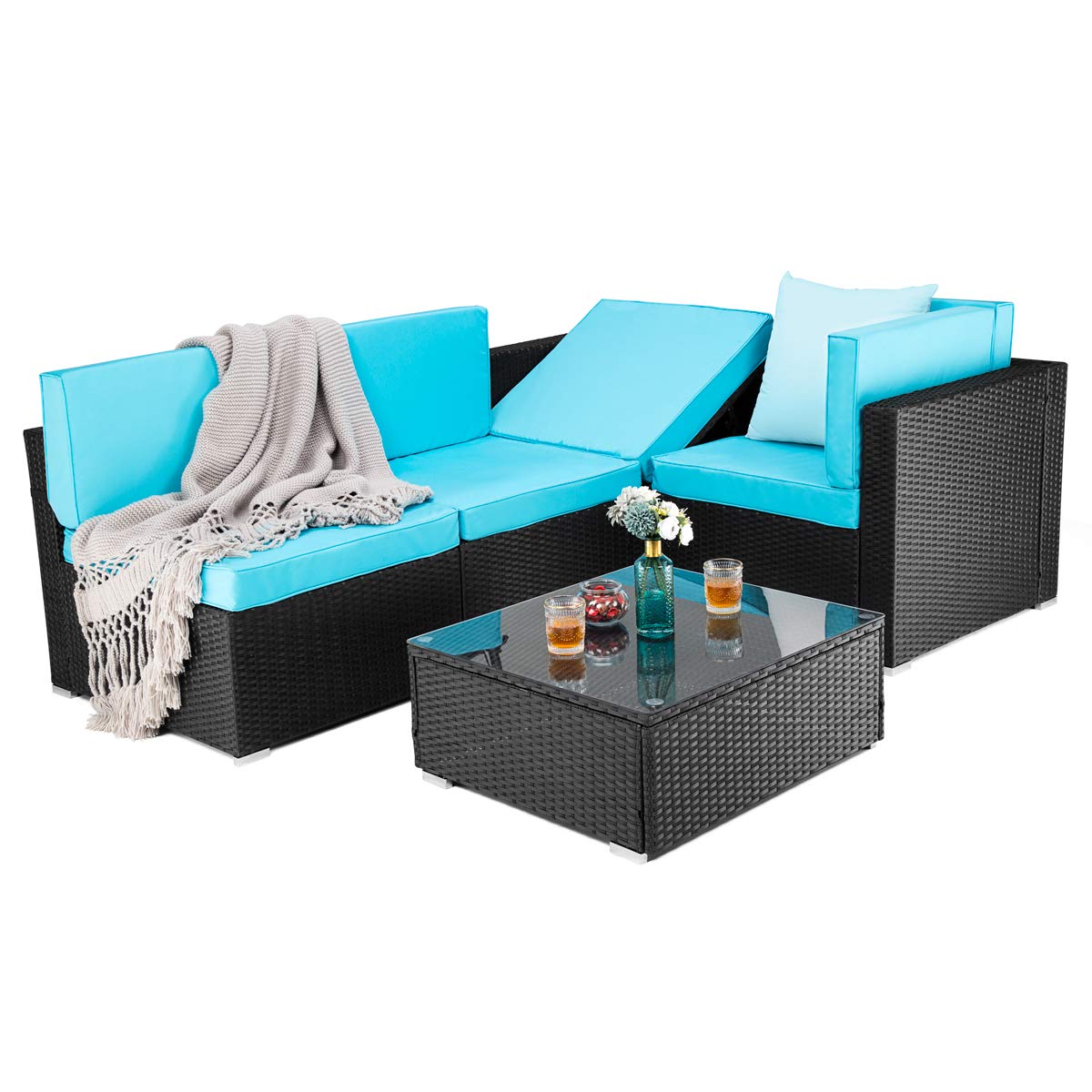 Pamapic 5-Piece Outdoor Rattan Patio Furniture Set - Blue Wicker Sectional Sofa with Coffee Table & Washable Cushions for Garden, Poolside, or Backyard Relaxation